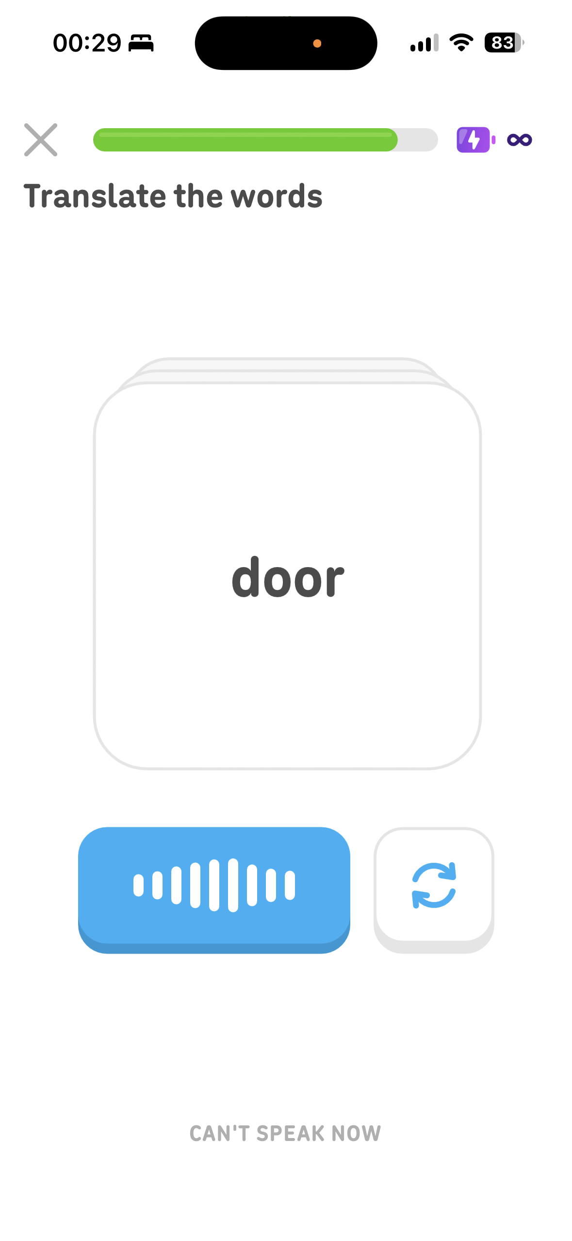 A language learning exercise screen prompting the user to translate the word 'door' with speaking and retry controls.