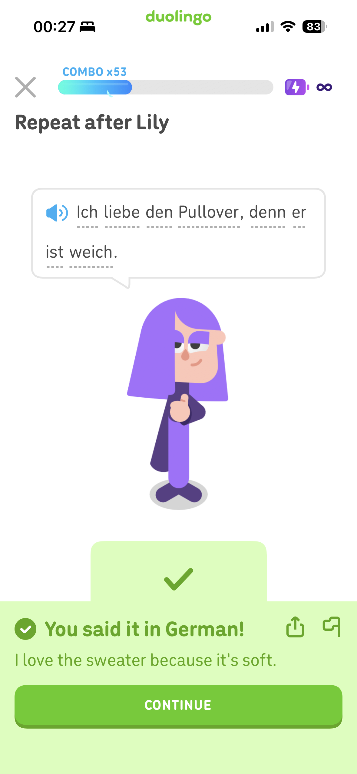 Duolingo lesson screen showing a German translation exercise with a character illustration and a green success panel saying the user said it in German.