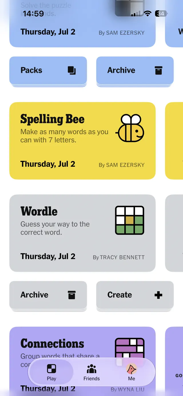 Mobile screen showing a grid of New York Times puzzle cards such as Spelling Bee, Wordle, and Connections, with smaller options like Packs, Archive, and Create, plus a bottom navigation bar with Play, Friends, and Me.