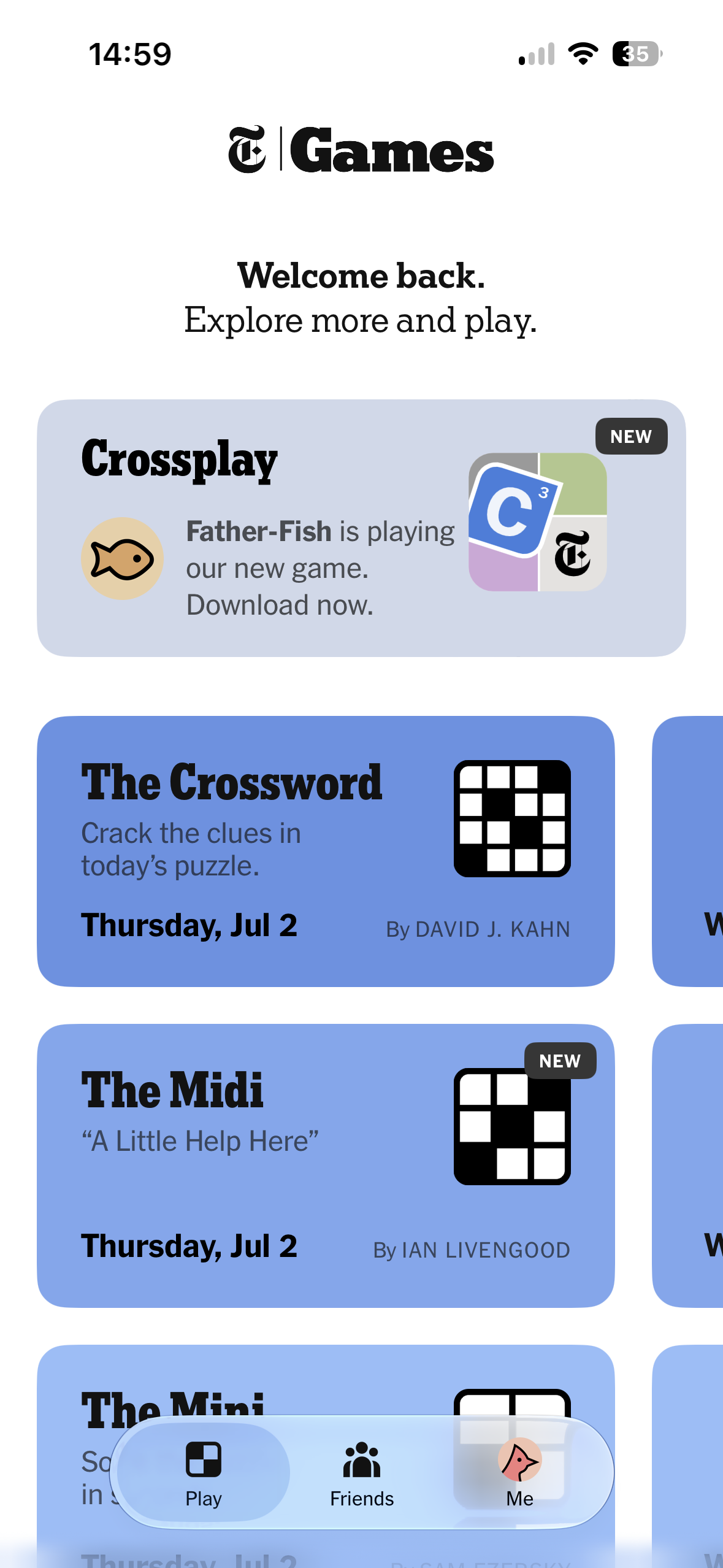 Mobile app home screen for New York Times Games with a welcome header, a promotional Crossplay card, stacked puzzle cards like The Crossword and The Midi, and a bottom navigation bar with Play, Friends, and Me tabs.