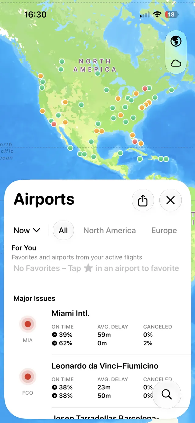 A flight-tracking map of North America with colored airport markers. A large bottom sheet titled Airports shows time filters, region chips, and a list of airports with major issues and delay statistics.