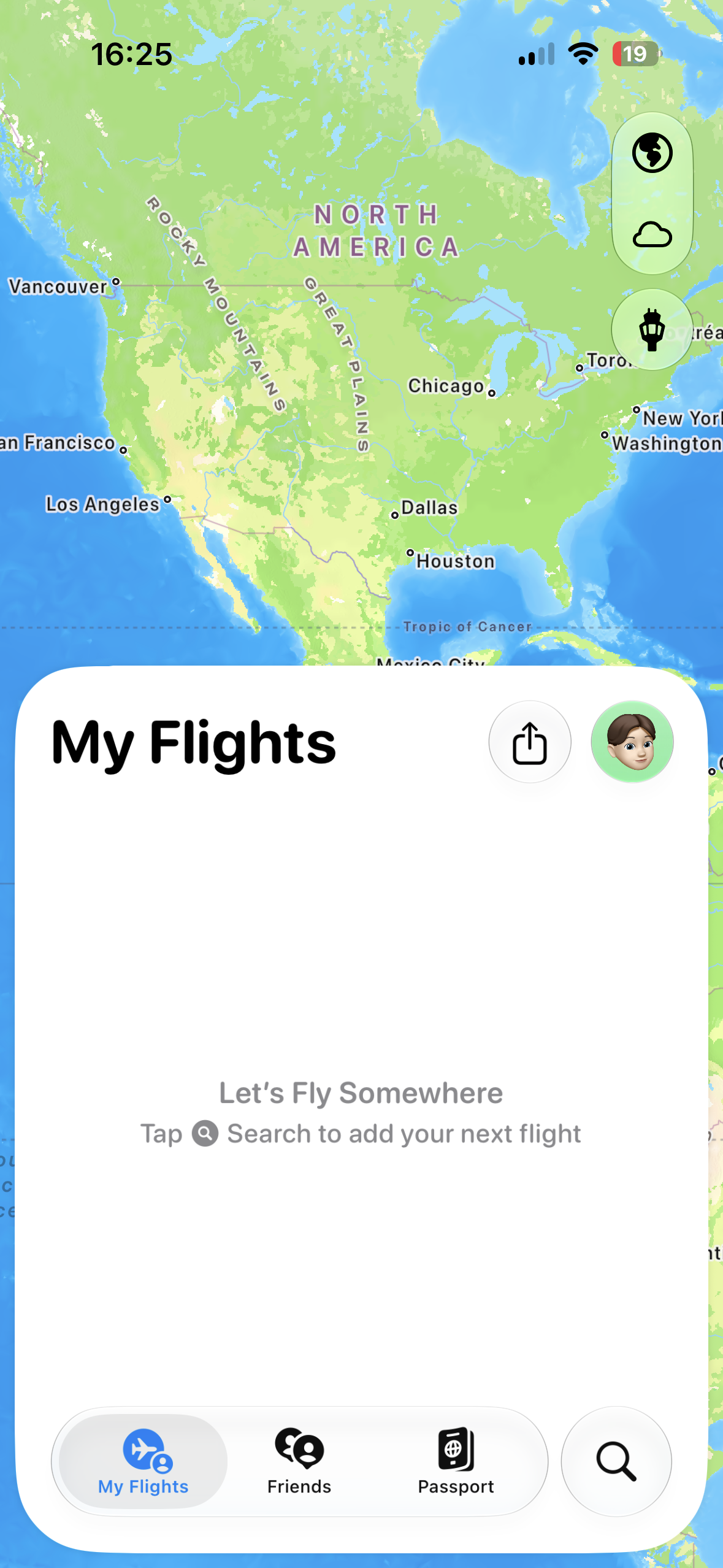 An iPhone screen showing a world map background with a large white bottom sheet titled My Flights. The sheet is empty and prompts the user to tap Search to add their next flight. A bottom navigation bar shows My Flights selected, alongside Friends, Passport, and a Search button.