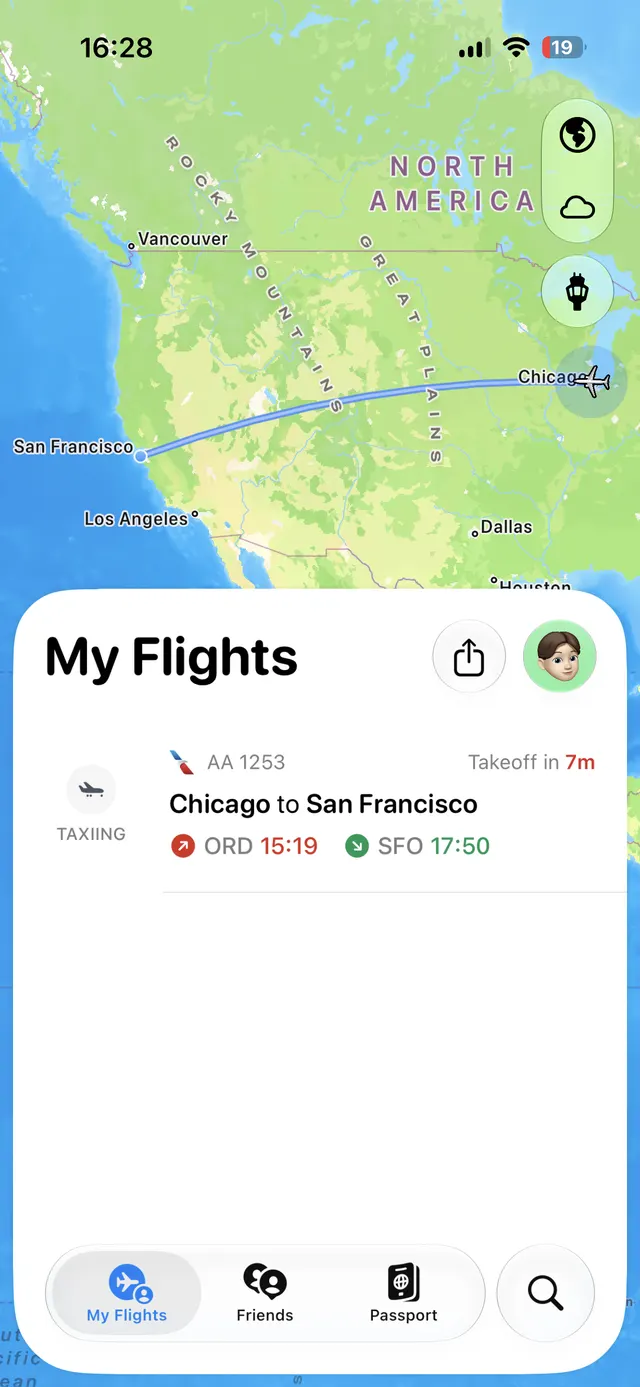 An iPhone screen showing a map of North America with a blue flight path from San Francisco to Chicago. A large bottom sheet titled “My Flights” overlays the map and shows one flight card for AA 1253, status “TAXIING,” route Chicago to San Francisco, with departure and arrival times. A bottom tab bar is visible with My Flights selected, plus Friends, Passport, and Search. Floating map controls appear on the right.