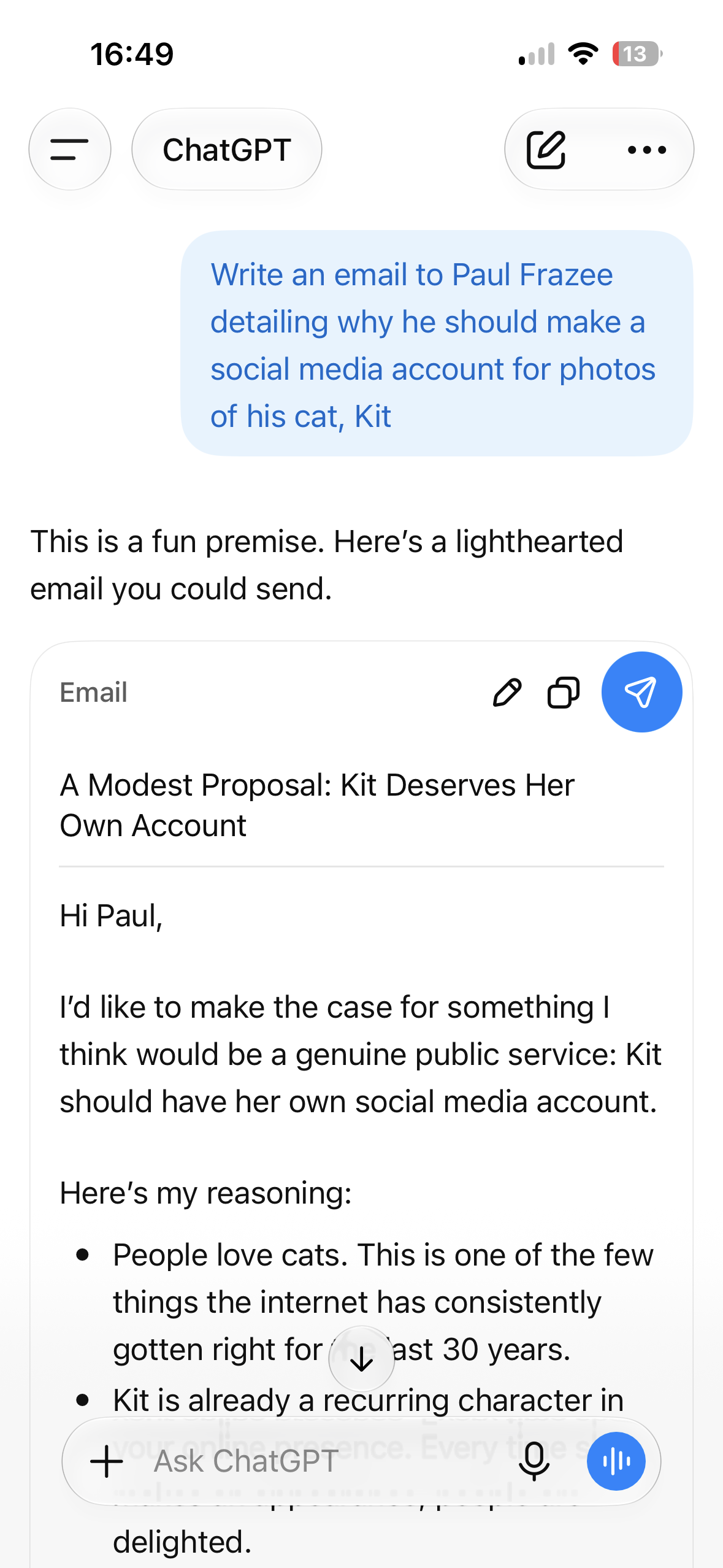 Mobile ChatGPT conversation screen showing a user prompt asking to write an email and an assistant-generated email draft below it, with a message composer at the bottom.