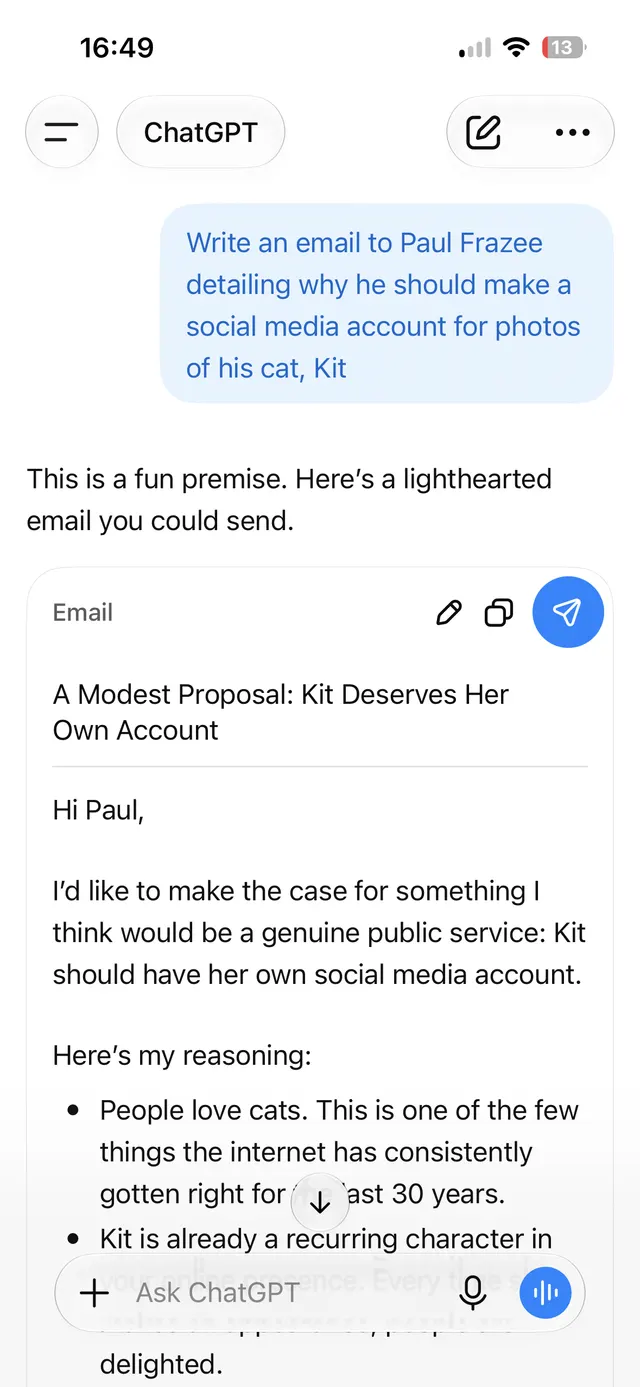 Mobile ChatGPT conversation screen showing a user prompt asking to write an email and an assistant-generated email draft below it, with a message composer at the bottom.