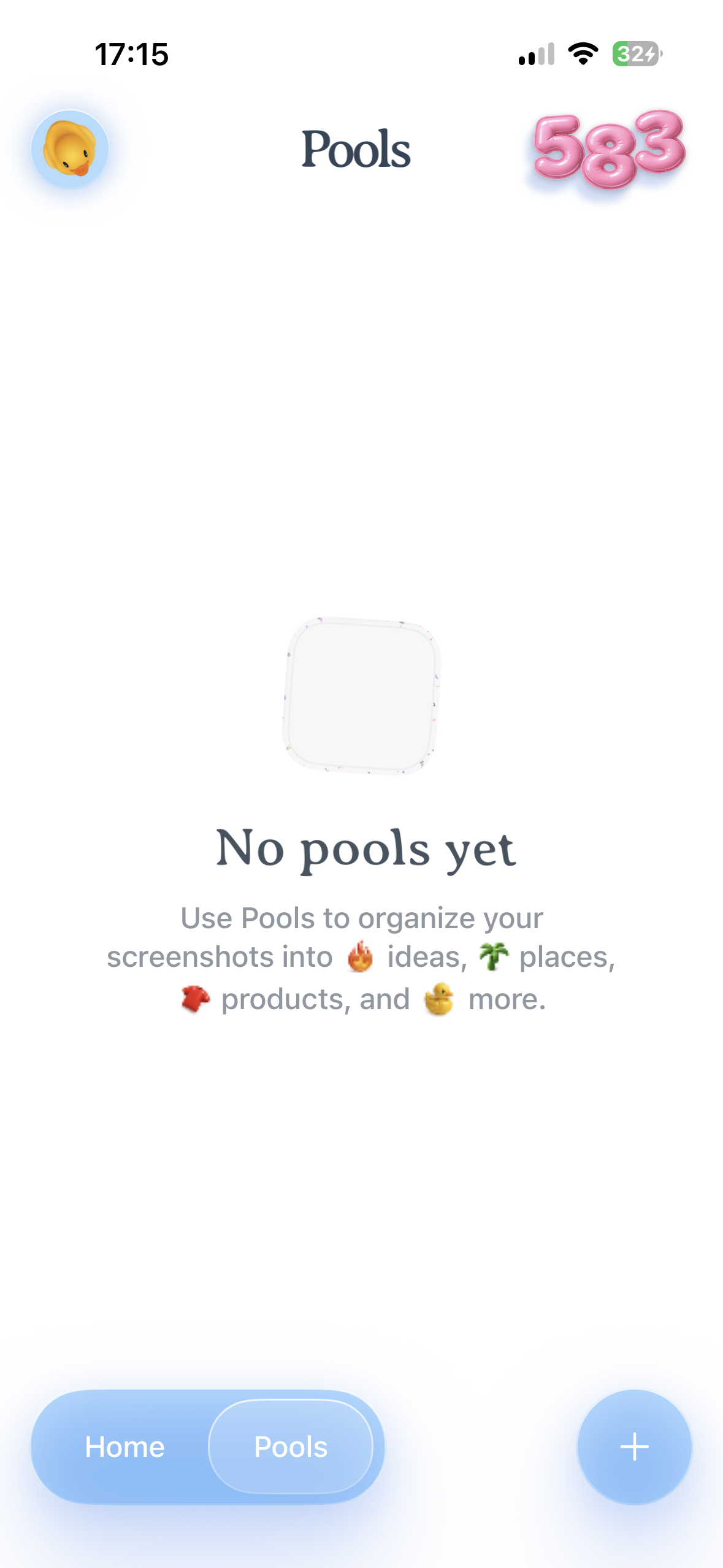 Mobile app screen titled Pools showing an empty state message saying No pools yet, with explanatory text about organizing screenshots into ideas, places, products, and more. Bottom navigation has Home and Pools, and a circular plus button for adding a pool.