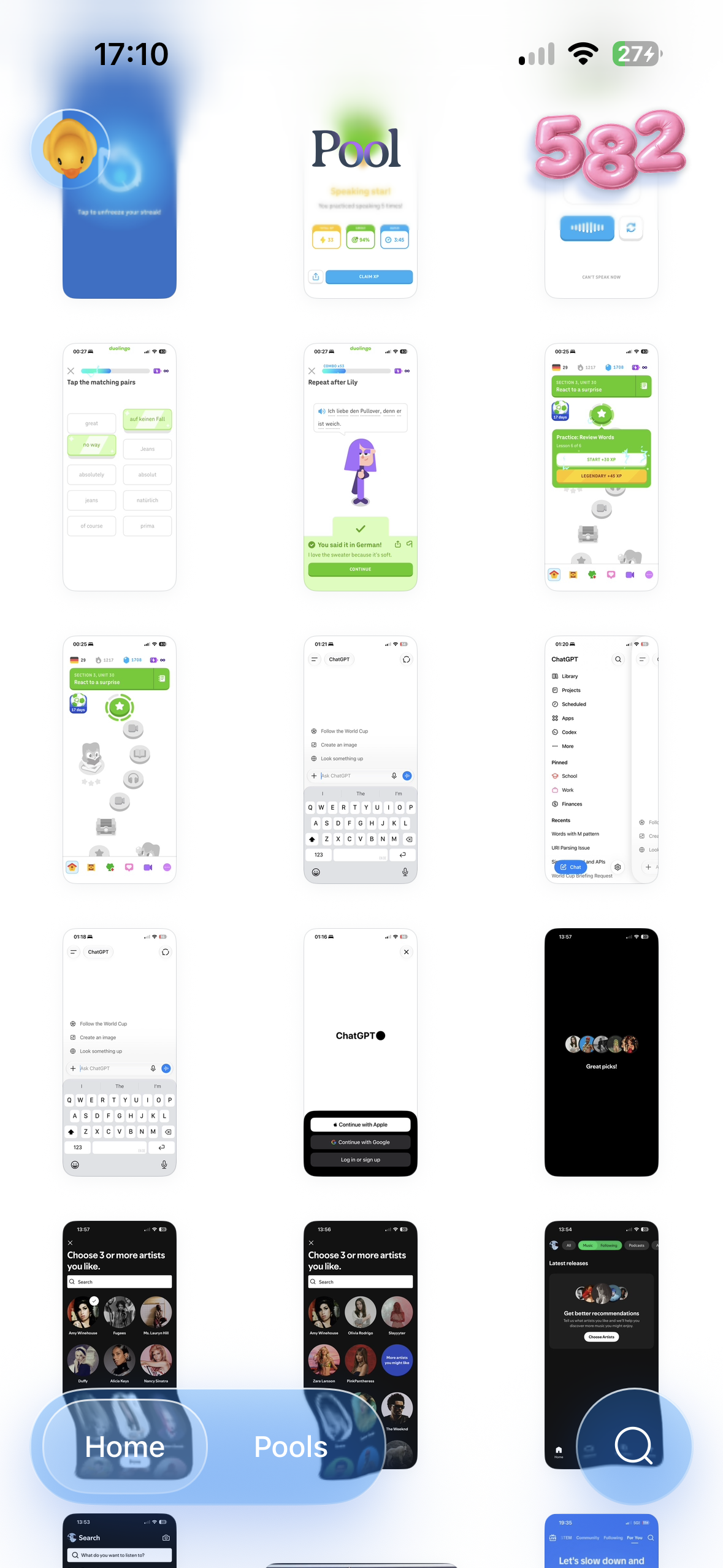 A collage of multiple iPhone app screens showing Duolingo-style language learning, ChatGPT login and chat screens, Spotify artist selection and recommendations, and a bottom navigation overlay.