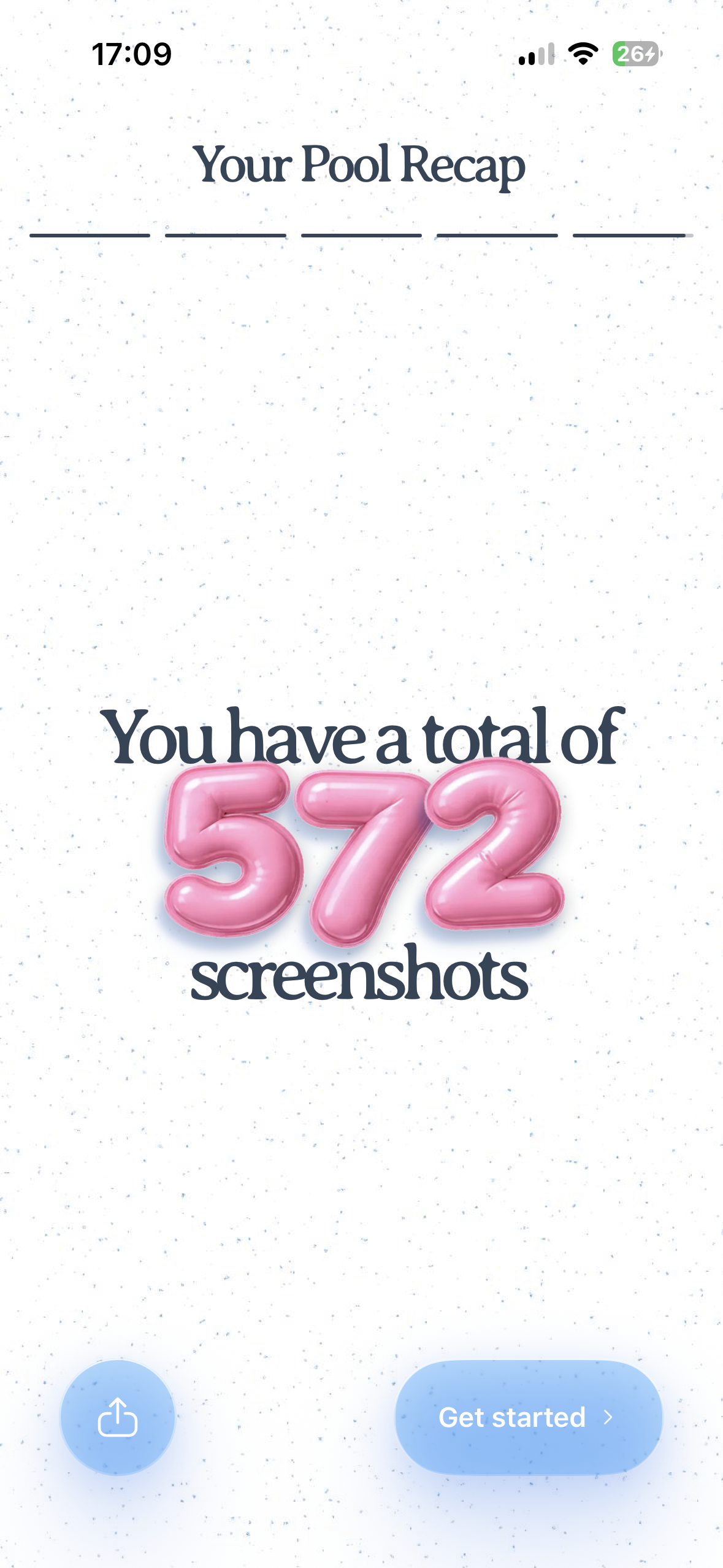 Mobile screen titled “Your Pool Recap” showing a large count of 572 screenshots, with a share button and a Get started button at the bottom.