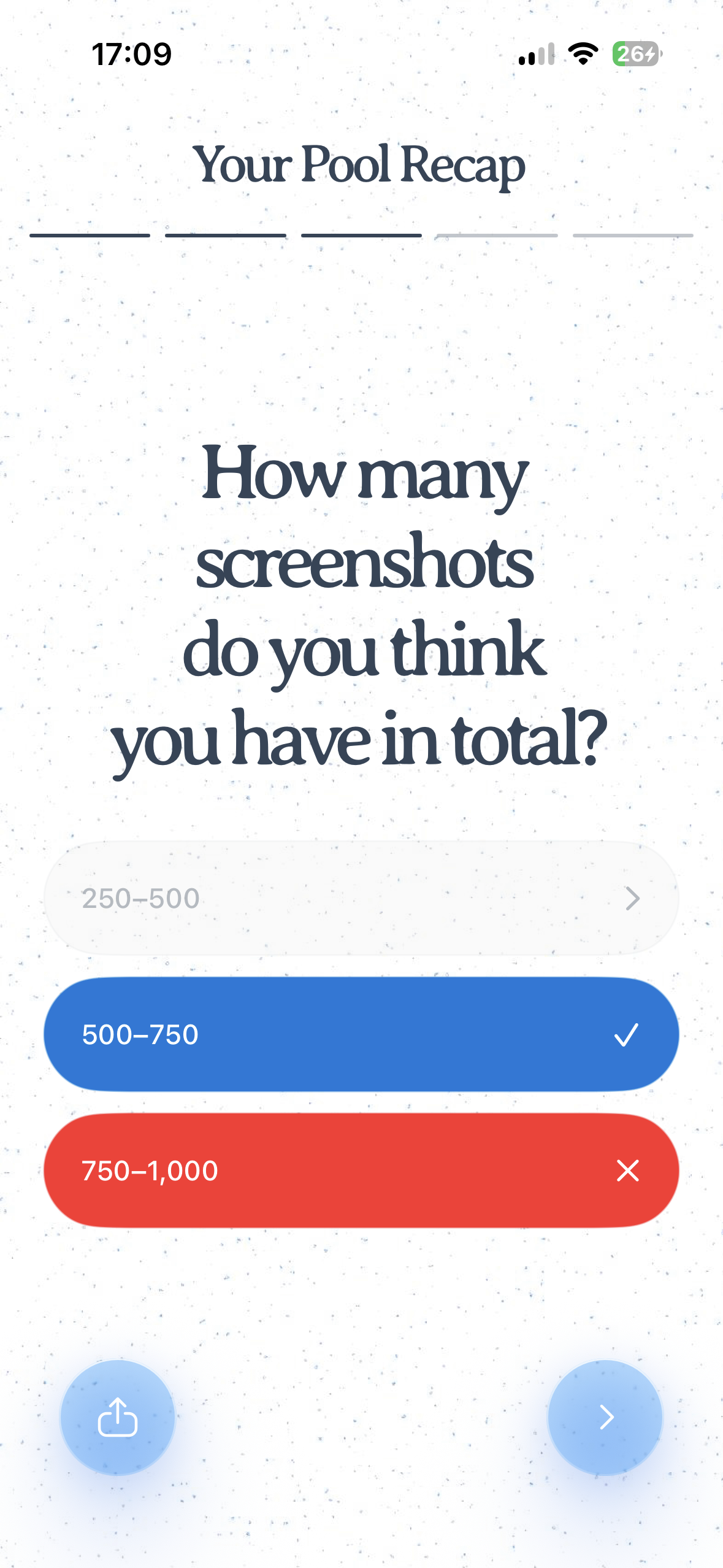 Mobile survey screen titled 'Your Pool Recap' asking 'How many screenshots do you think you have in total?' with multiple-choice answers. One answer appears selected in blue with a checkmark, one incorrect in red with an X, and a disabled-looking unselected option above. Bottom navigation shows a share button on the left and a next button on the right.