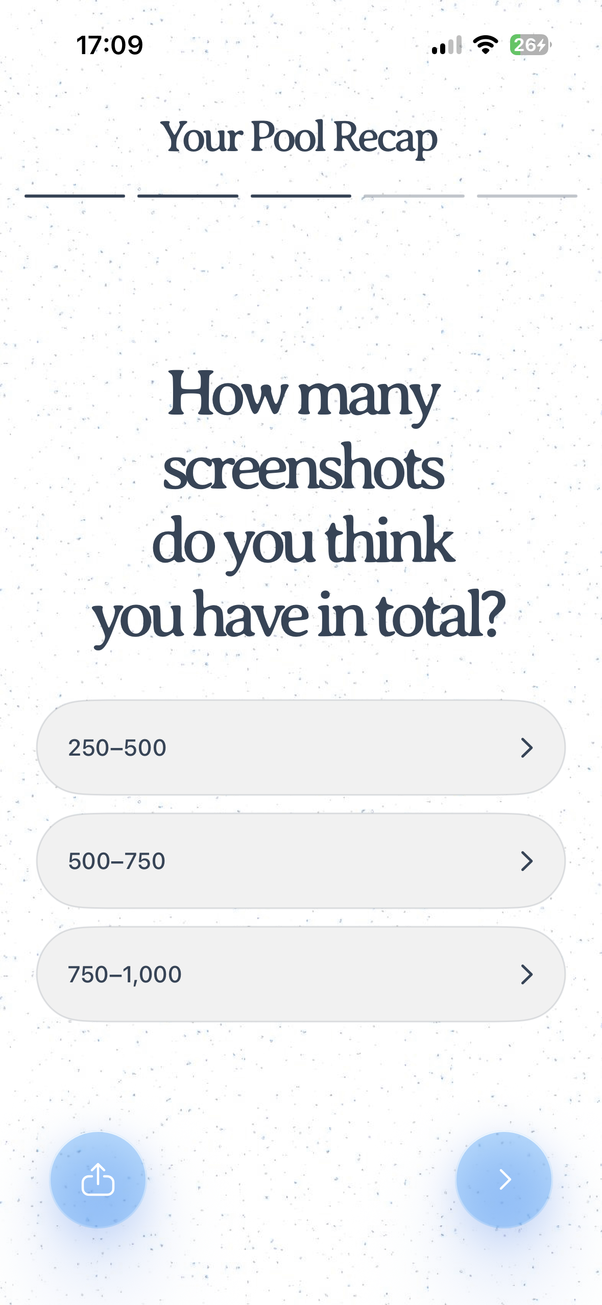 Mobile onboarding screen titled “Your Pool Recap” asking how many screenshots the user has in total, with multiple-choice ranges and back/next controls.