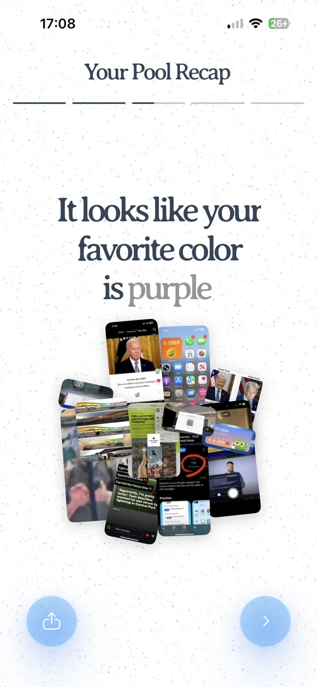A recap screen titled 'Your Pool Recap' showing the message 'It looks like your favorite color is purple' with a collage of app screenshots and share/next buttons at the bottom.
