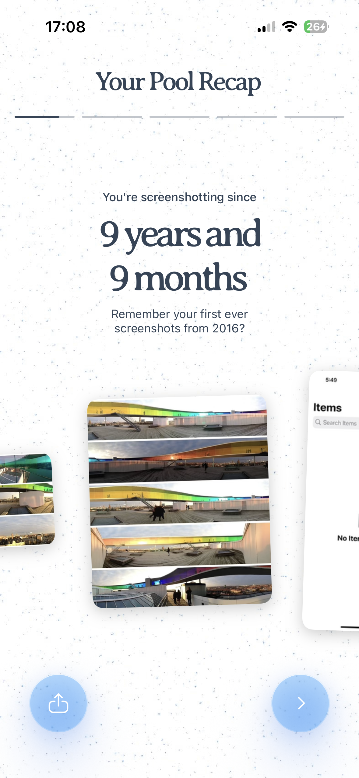 A recap screen titled “Your Pool Recap” showing time spent screenshotting, with a carousel of screenshot memories and share and next buttons at the bottom.