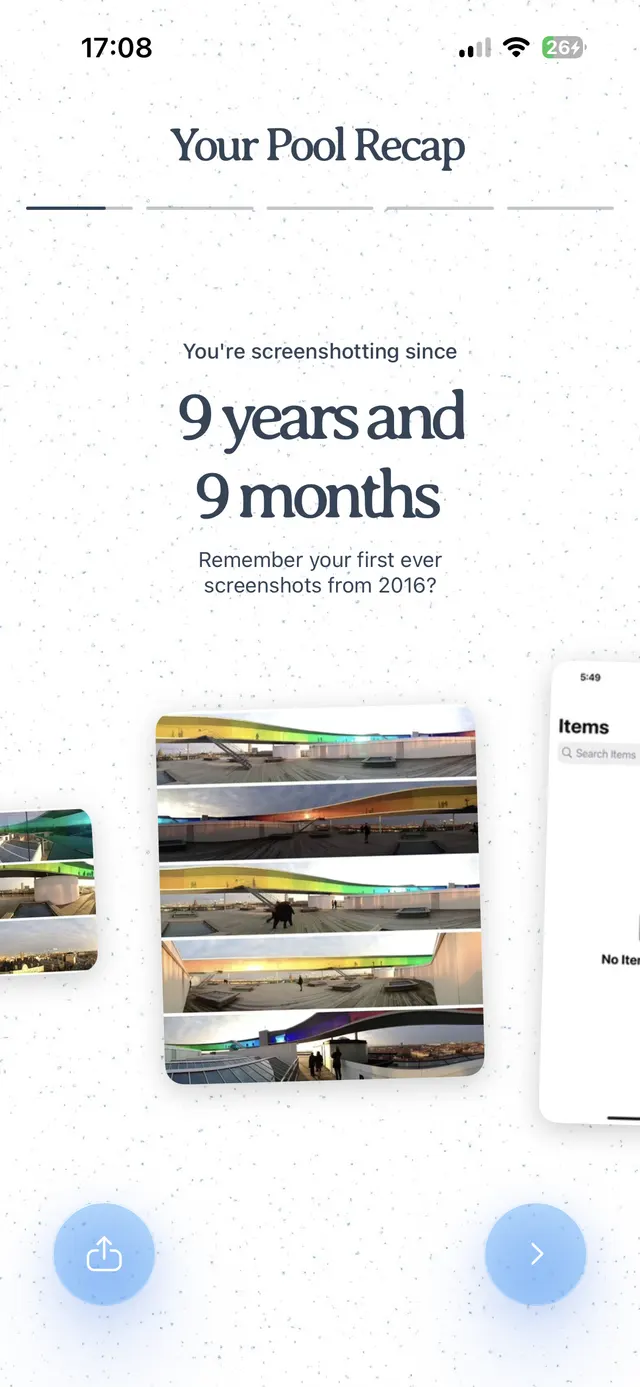 A recap screen titled “Your Pool Recap” showing time spent screenshotting, with a carousel of screenshot memories and share and next buttons at the bottom.