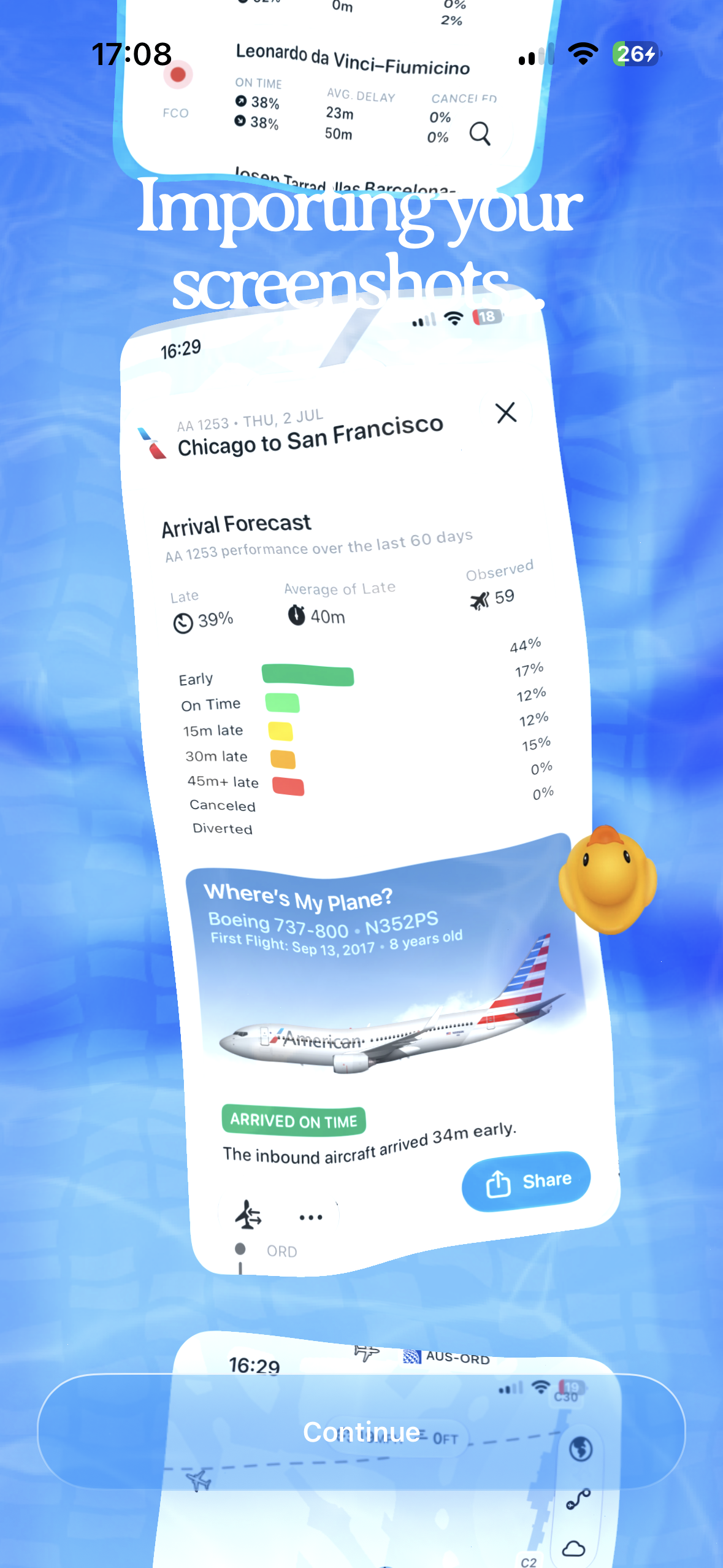 A mobile onboarding screen with a blue textured background and overlapping sample flight-status screenshot cards, centered text reading “Importing your screenshots,” and a large translucent “Continue” button near the bottom.
