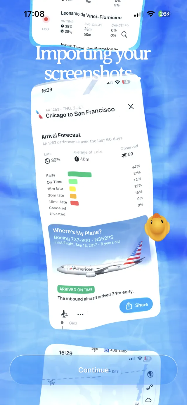 A mobile onboarding screen with a blue textured background and overlapping sample flight-status screenshot cards, centered text reading “Importing your screenshots,” and a large translucent “Continue” button near the bottom.