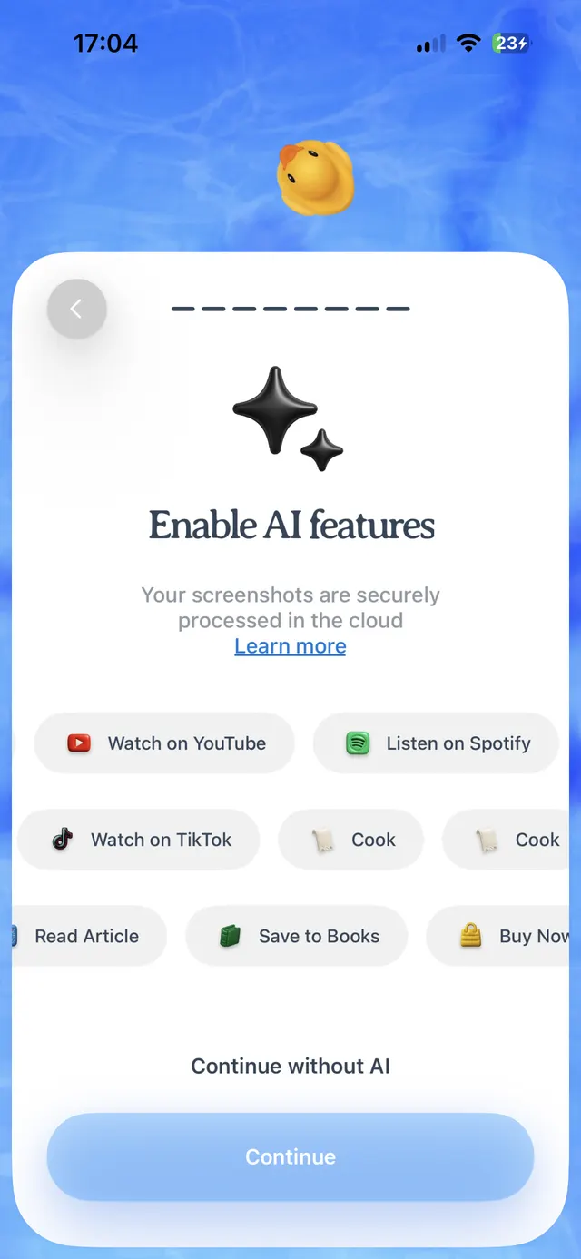 iOS screen with a large card prompting the user to enable AI features, explaining screenshots are processed securely in the cloud, showing multiple content/action chips like Watch on YouTube, Listen on Spotify, Watch on TikTok, Cook, Read Article, Save to Books, Buy Now, with a Continue without AI option and a primary Continue button.