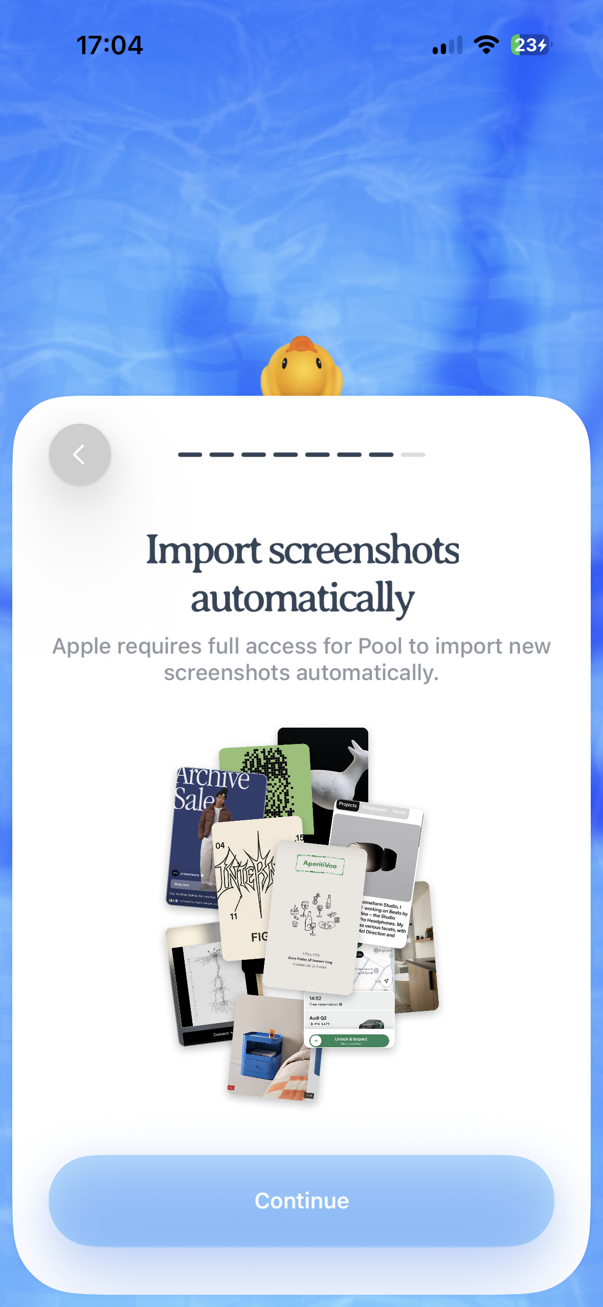 An onboarding screen on iPhone with a blue water-like background, a rounded white card, a back arrow, progress indicator dots, an illustration collage of screenshots, and a large Continue button.