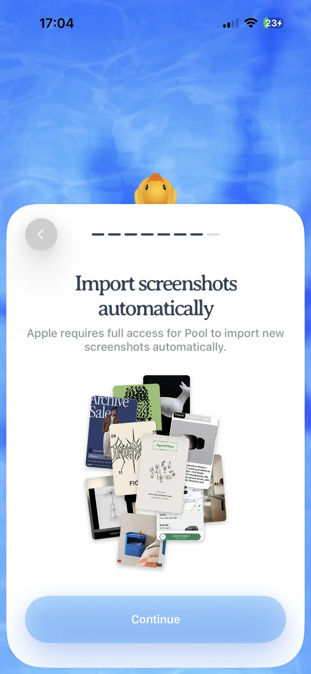 An onboarding screen on iPhone with a blue water-like background, a rounded white card, a back arrow, progress indicator dots, an illustration collage of screenshots, and a large Continue button.