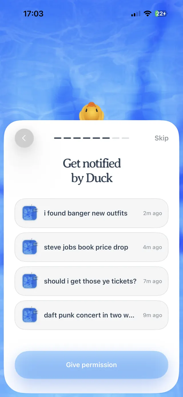 An iOS onboarding screen with a large white rounded card over a blue watery background. At the top is a back button, progress dots, and a Skip link. The card headline says Get notified by Duck, followed by example notification rows and a large Give permission button at the bottom.