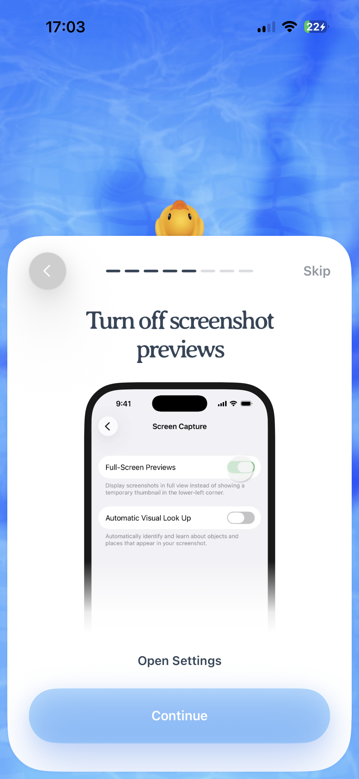 iOS onboarding card over a blue watery background with a progress indicator, back button, Skip link, illustration of a settings screen, and buttons labeled Open Settings and Continue.