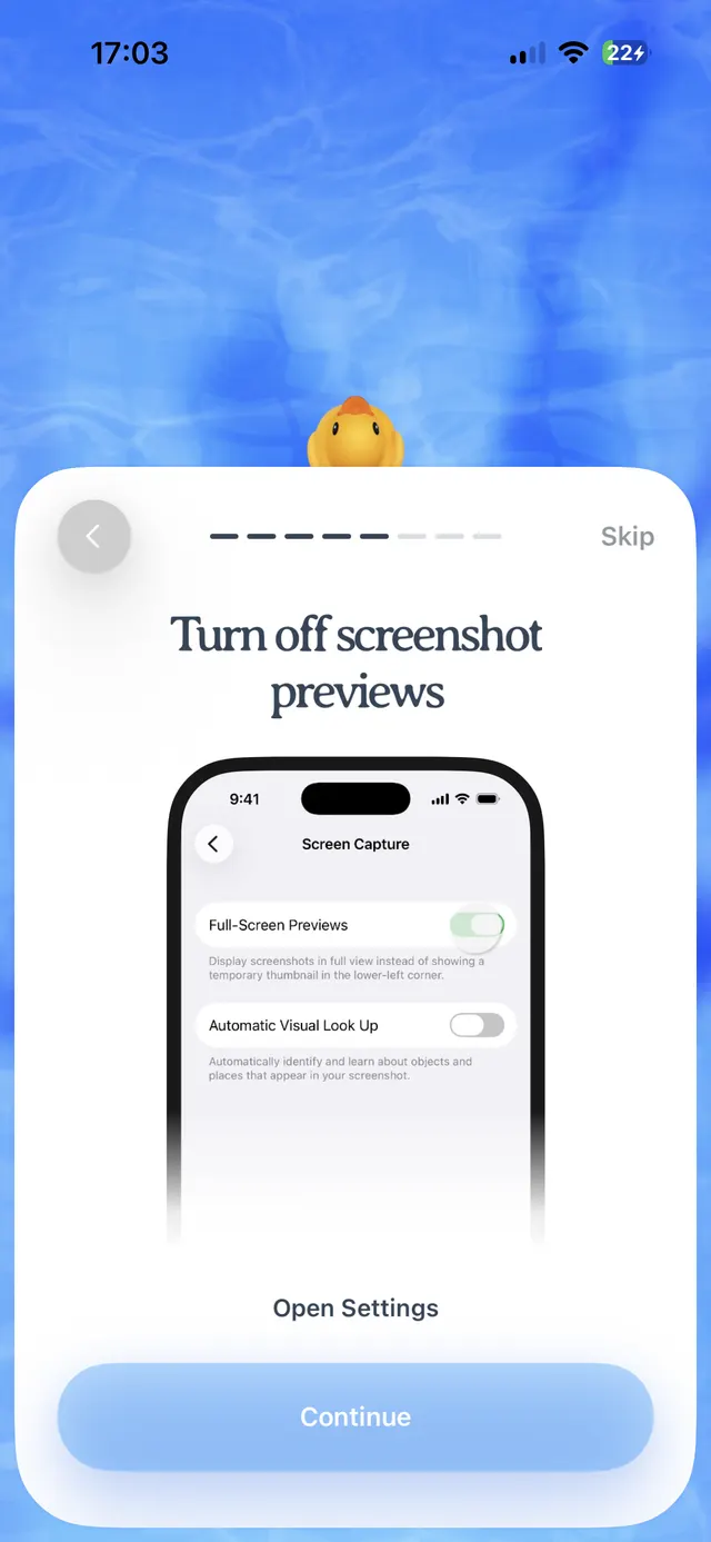 iOS onboarding card over a blue watery background with a progress indicator, back button, Skip link, illustration of a settings screen, and buttons labeled Open Settings and Continue.