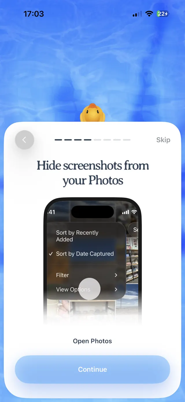 An iOS onboarding card over a blue textured background explains how to hide screenshots from Photos, shows a screenshot preview, and has Open Photos and Continue actions plus a Skip link.