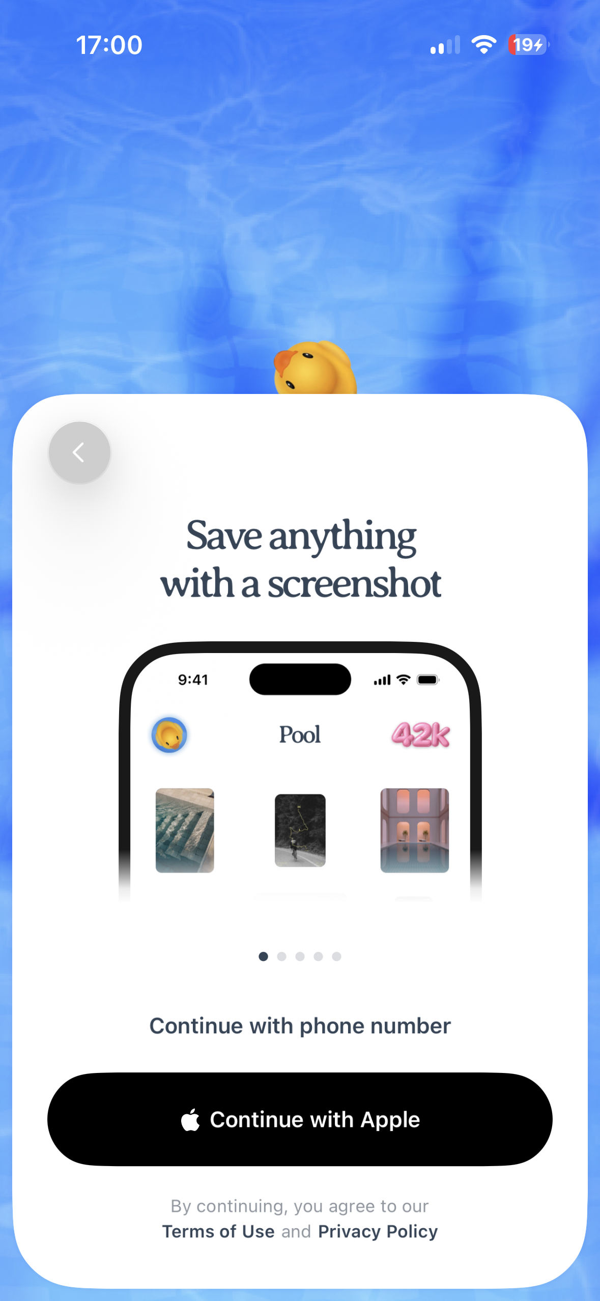 A mobile sign-up screen on a blue watery background, featuring a large white rounded card with a back button, the headline “Save anything with a screenshot,” a product mockup image, a pagination dot indicator, text “Continue with phone number,” a black “Continue with Apple” button, and Terms of Use / Privacy Policy text at the bottom.