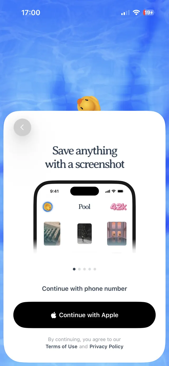 A mobile sign-up screen on a blue watery background, featuring a large white rounded card with a back button, the headline “Save anything with a screenshot,” a product mockup image, a pagination dot indicator, text “Continue with phone number,” a black “Continue with Apple” button, and Terms of Use / Privacy Policy text at the bottom.