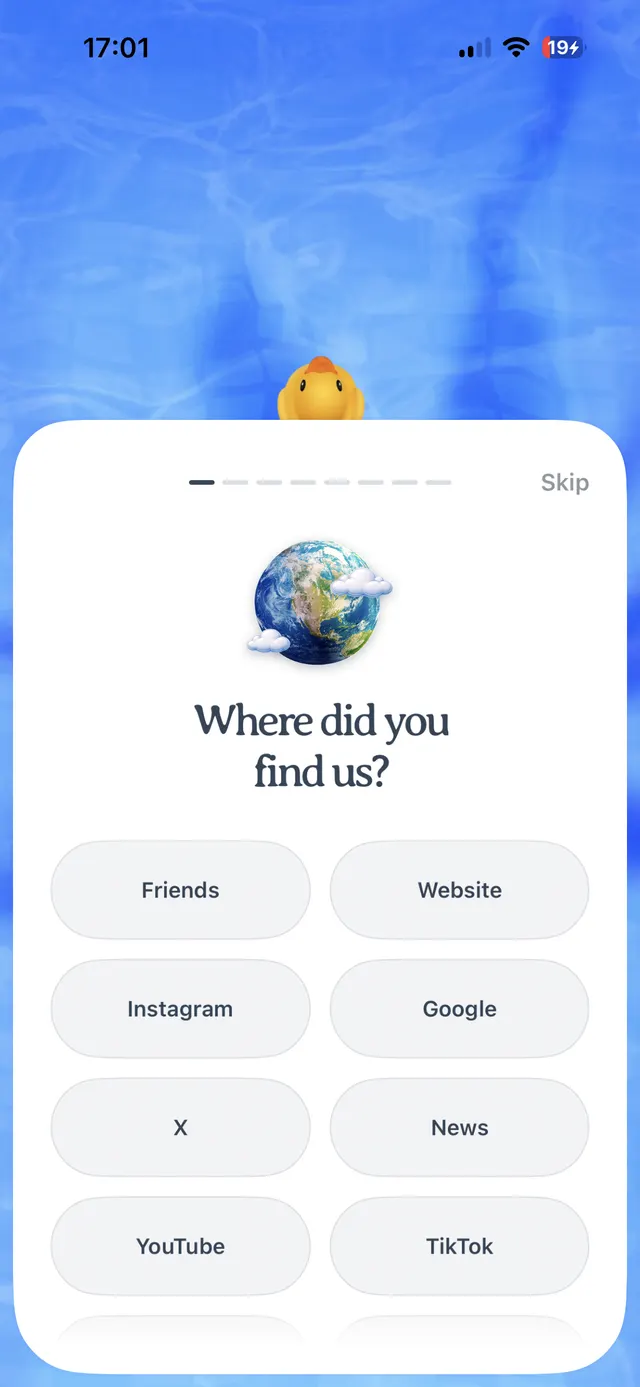 Mobile onboarding screen asking where the user found the app, with a skip link and rounded option buttons such as Friends, Website, Instagram, Google, X, News, YouTube, and TikTok.