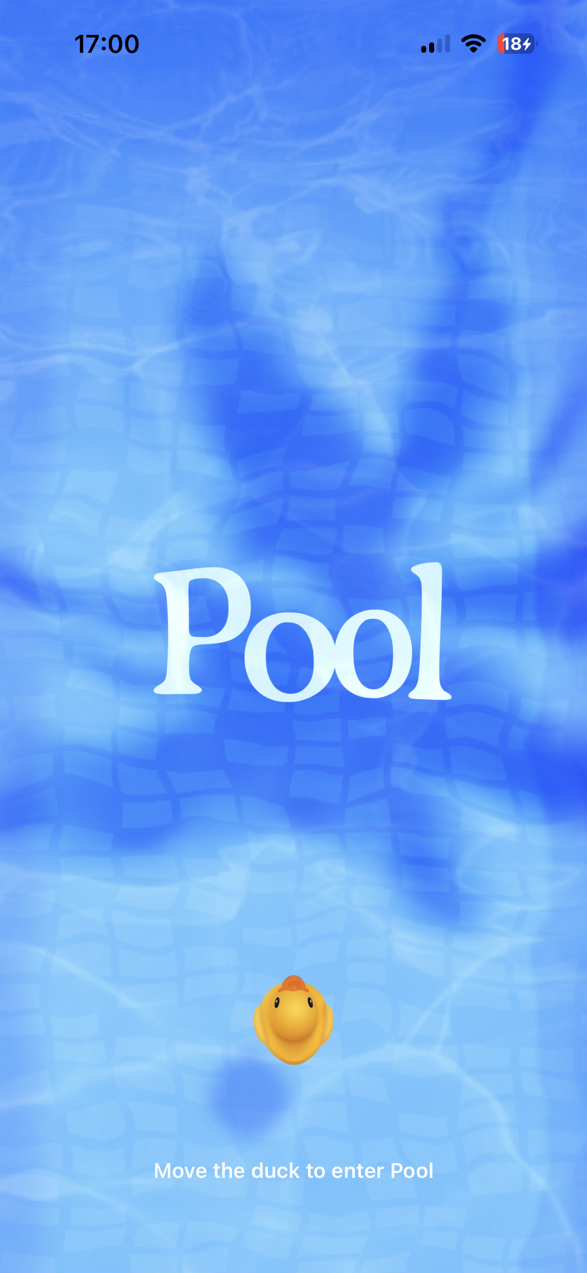 A blue watery splash screen with the word Pool centered, a small duck icon near the bottom, and the instruction 'Move the duck to enter Pool'.