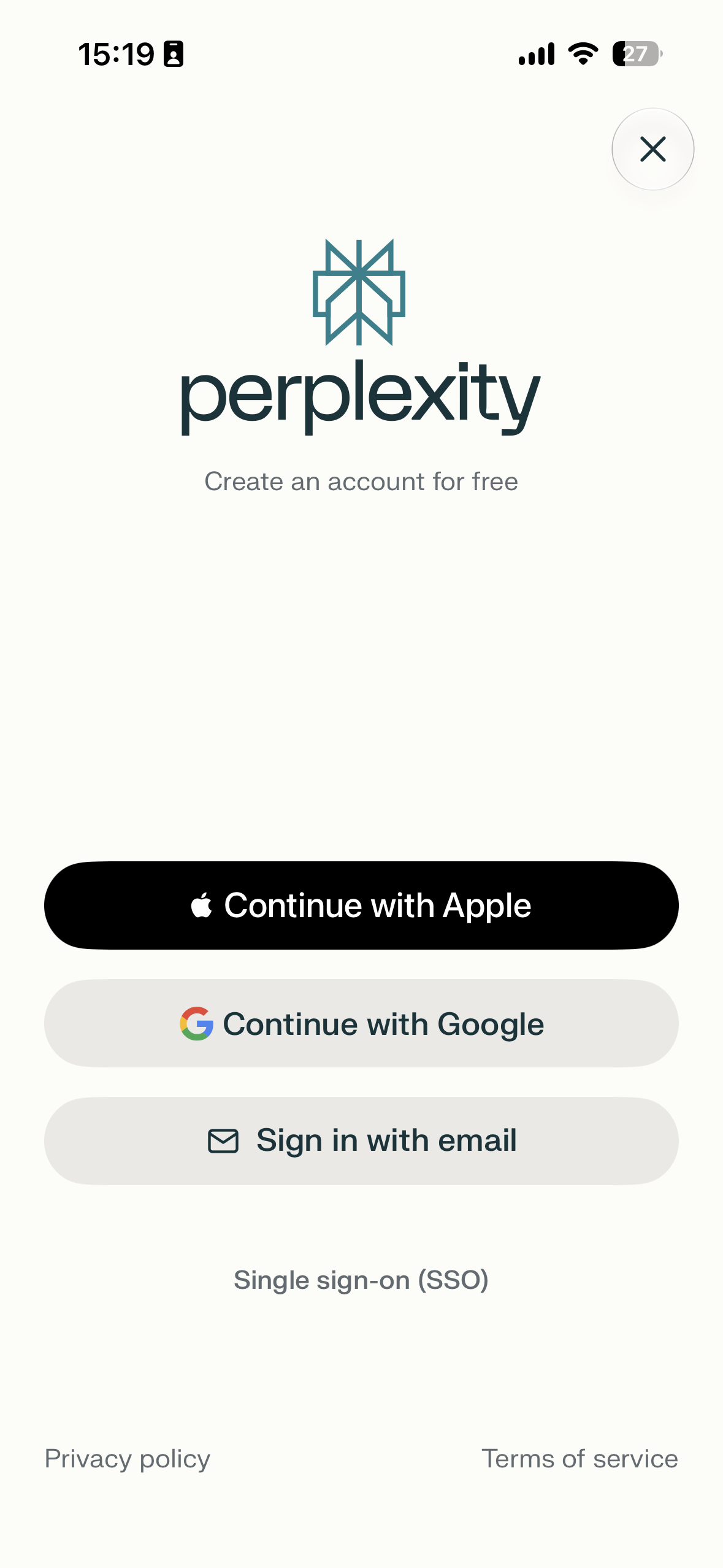 Perplexity account creation screen with options to continue with Apple, continue with Google, sign in with email, and single sign-on, plus privacy policy and terms links.