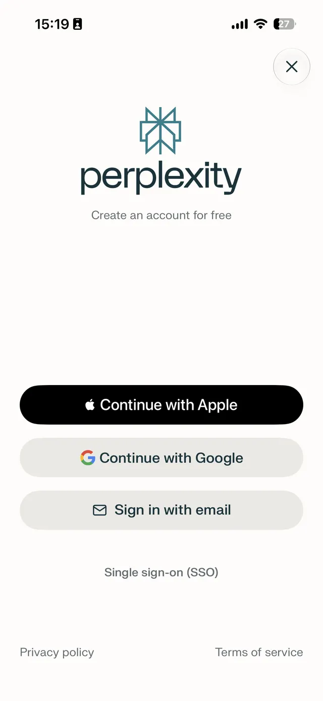 Perplexity account creation screen with options to continue with Apple, continue with Google, sign in with email, and single sign-on, plus privacy policy and terms links.