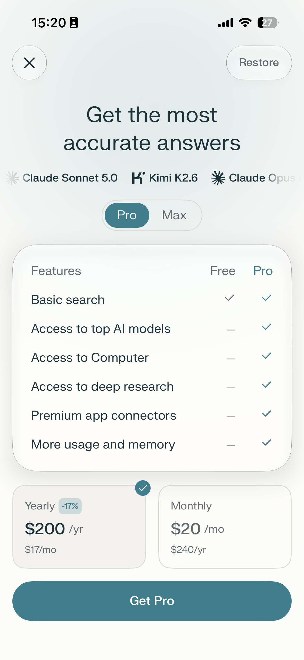 Mobile paywall screen offering Pro and Max plans, with a feature comparison table, yearly and monthly pricing cards, and a Get Pro button.