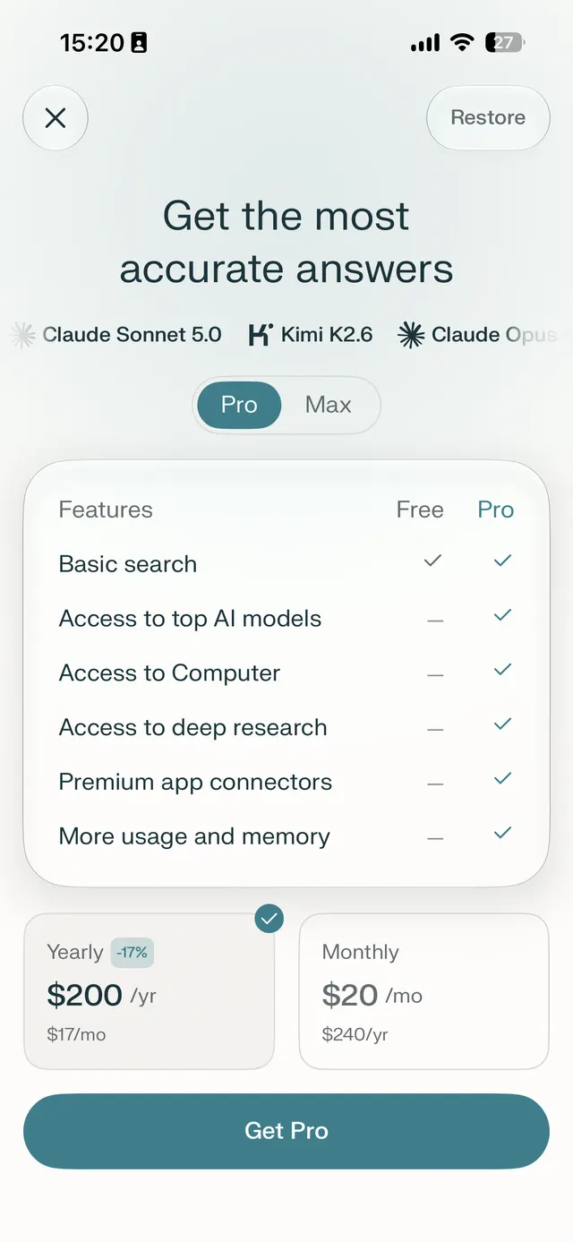 Mobile paywall screen offering Pro and Max plans, with a feature comparison table, yearly and monthly pricing cards, and a Get Pro button.