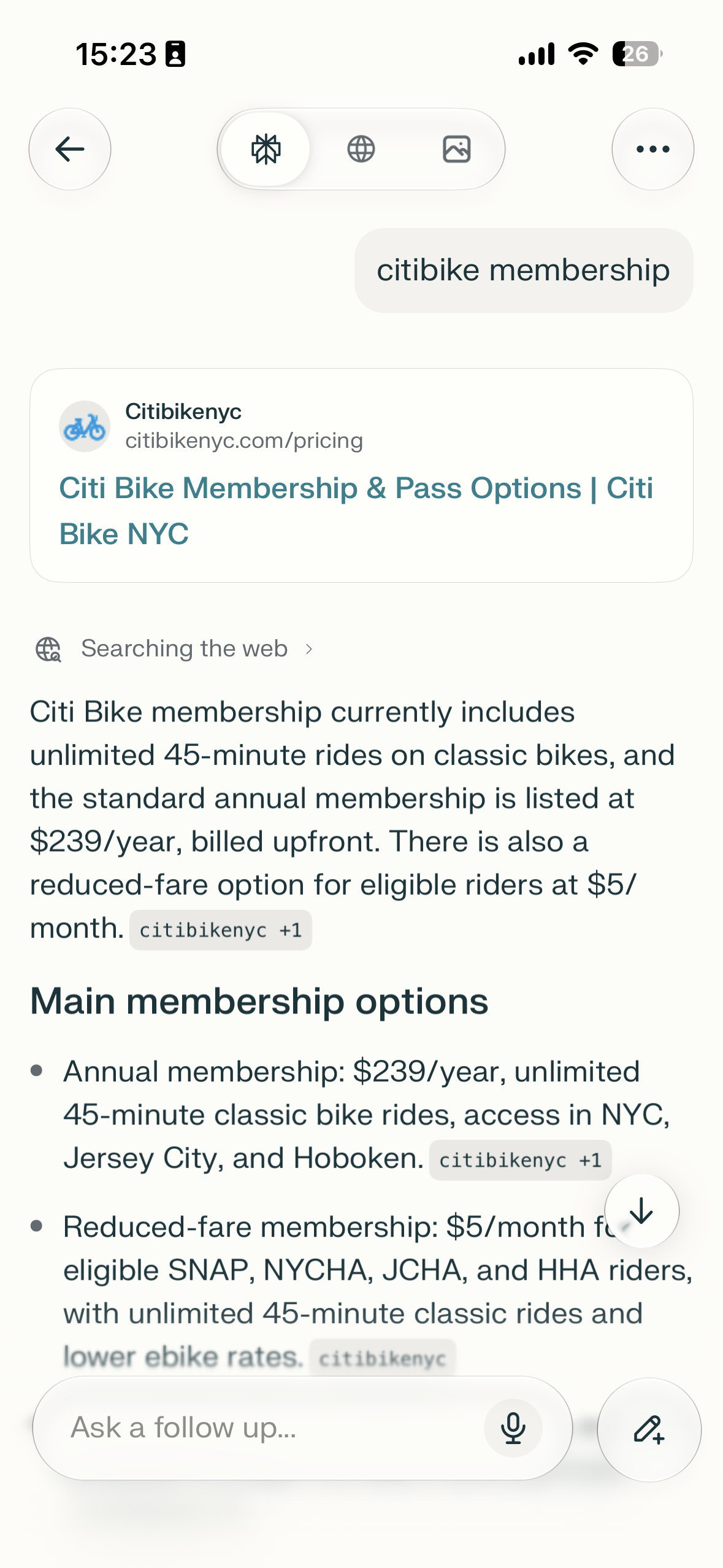 Mobile AI search results screen showing the query 'citibike membership', a web result card for Citi Bike NYC pricing, and a text answer summarizing membership options and prices.