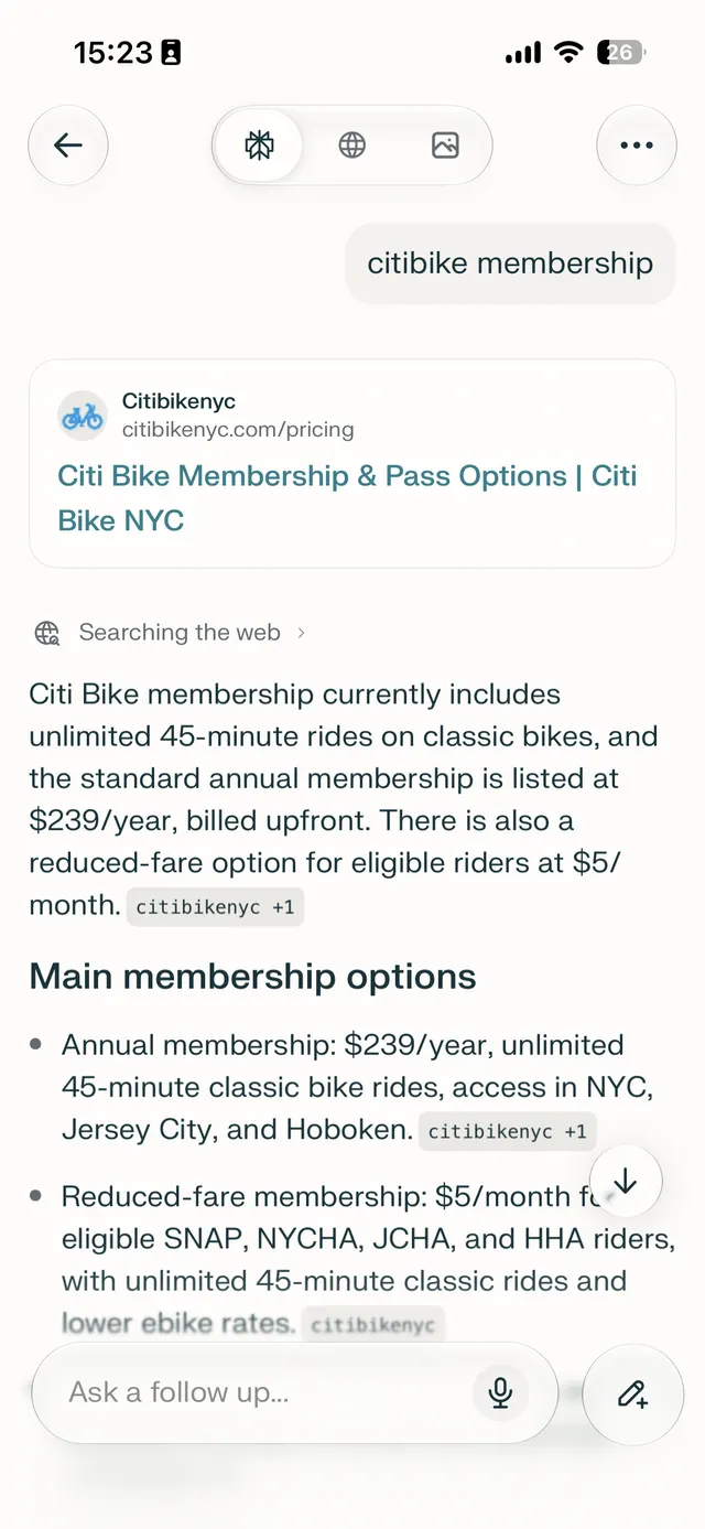 Mobile AI search results screen showing the query 'citibike membership', a web result card for Citi Bike NYC pricing, and a text answer summarizing membership options and prices.