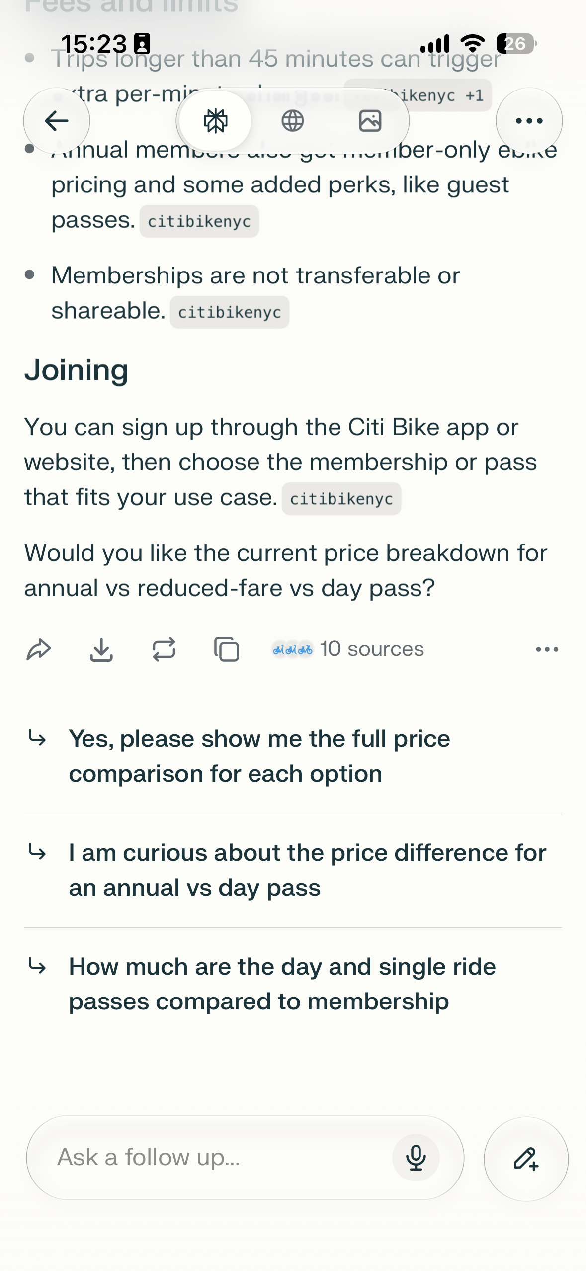 Mobile chat-like AI response screen about Citi Bike membership pricing, showing a section titled Joining, a prompt asking about current price breakdown, source count, suggested follow-up questions, and an ask-a-follow-up input at the bottom.