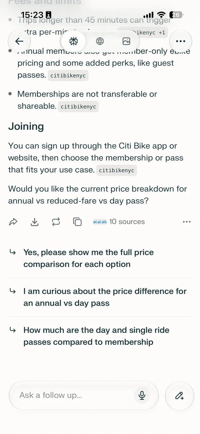 Mobile chat-like AI response screen about Citi Bike membership pricing, showing a section titled Joining, a prompt asking about current price breakdown, source count, suggested follow-up questions, and an ask-a-follow-up input at the bottom.