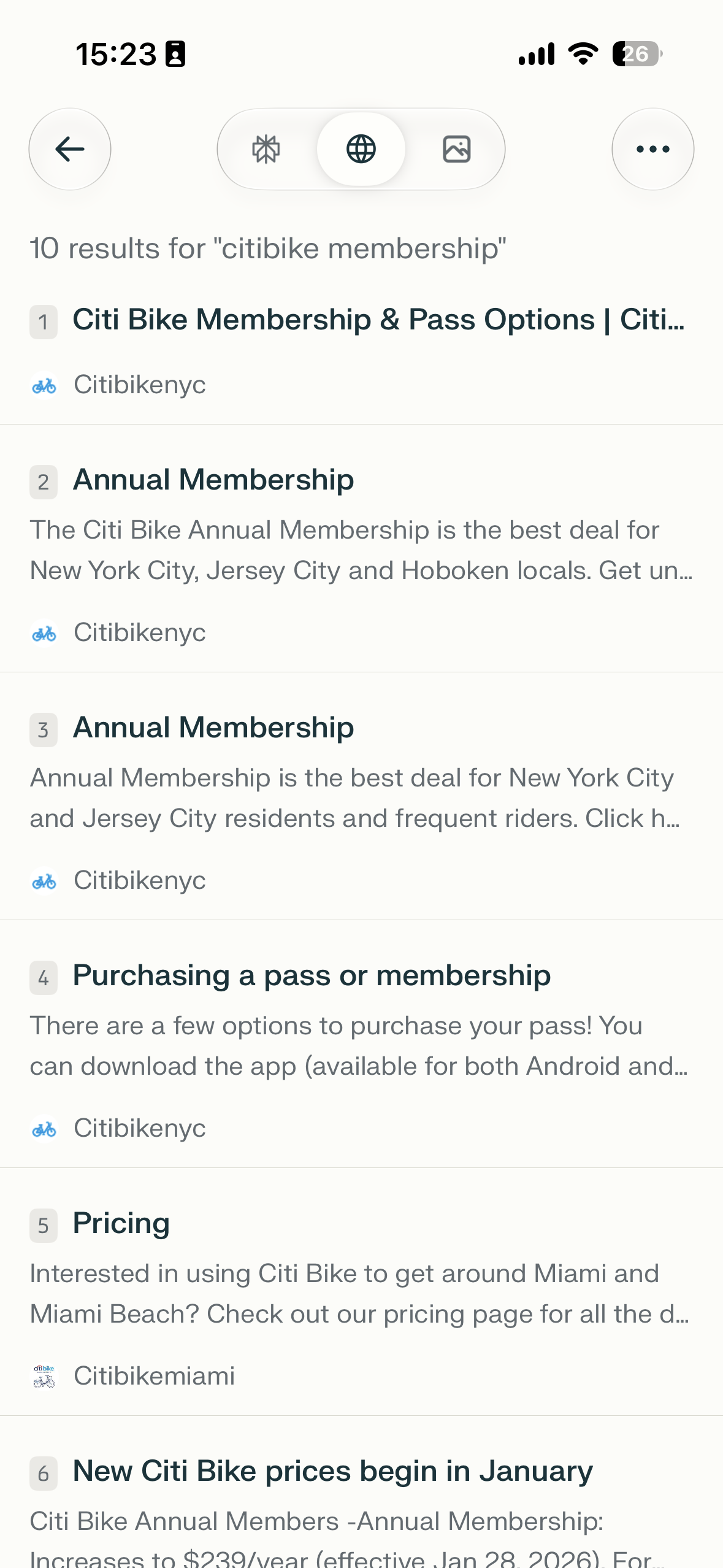 Mobile search results page showing 10 results for the query "citibike membership" with a list of numbered result cards, snippets, and site names.