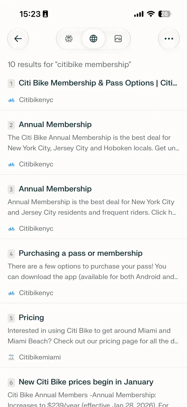 Mobile search results page showing 10 results for the query "citibike membership" with a list of numbered result cards, snippets, and site names.