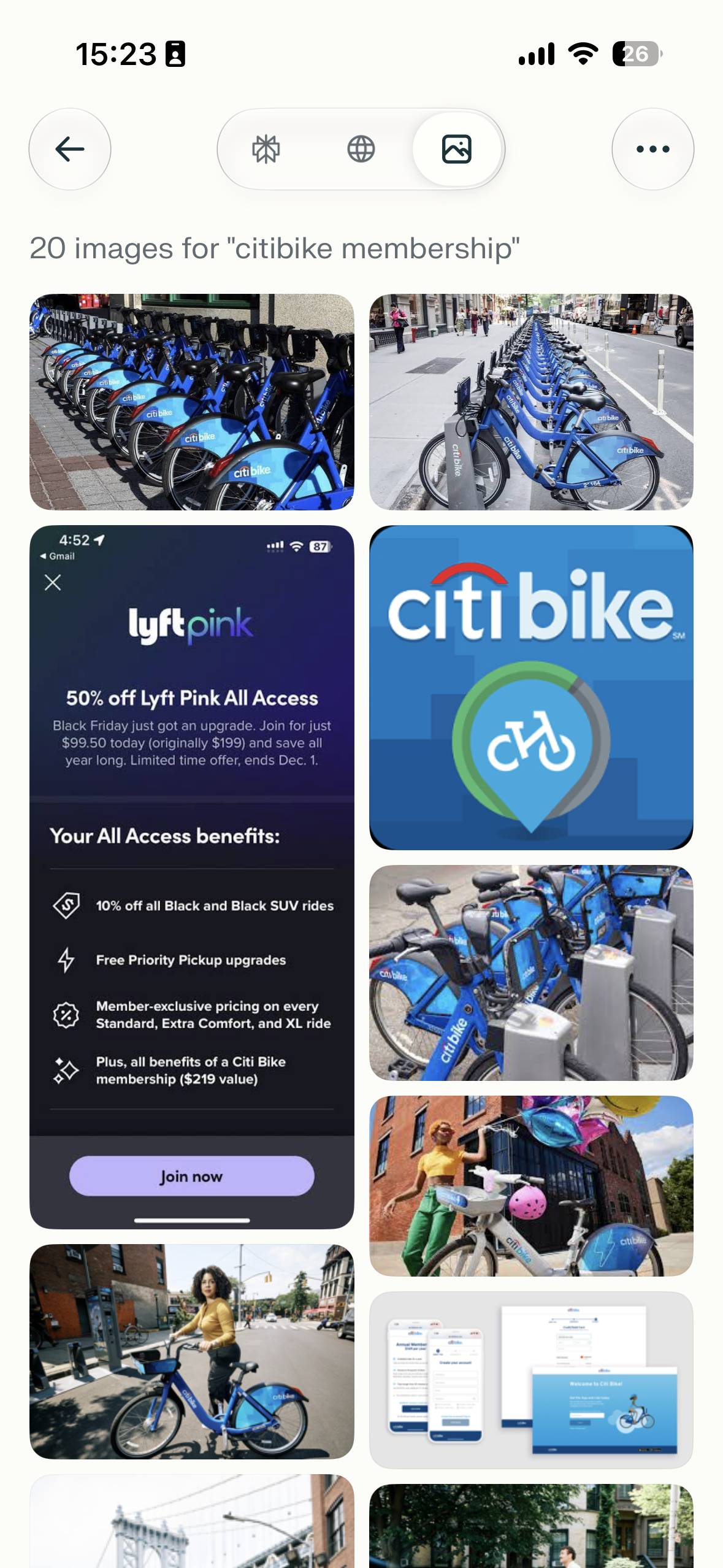 Mobile image search results grid for the query "citibike membership" with photo thumbnails and an ad-like promo image.