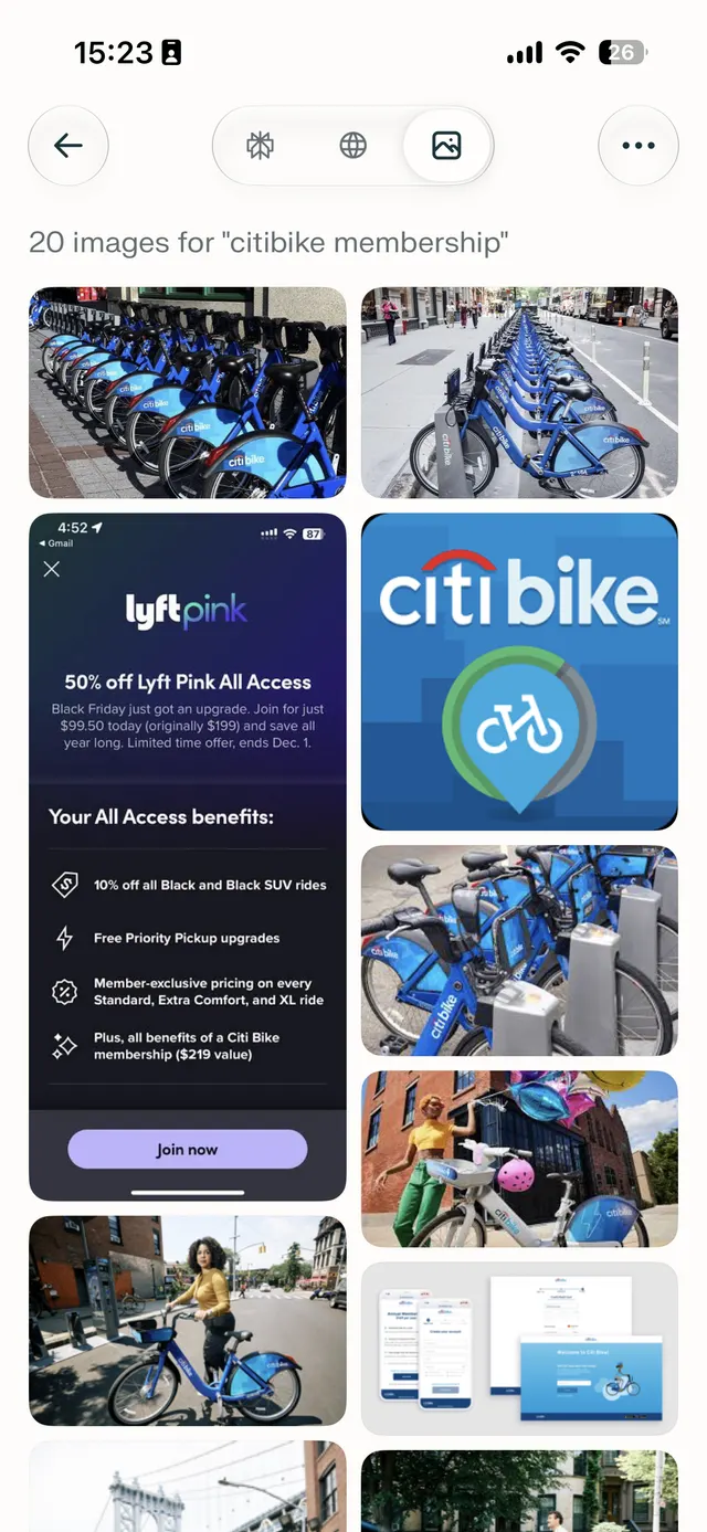 Mobile image search results grid for the query "citibike membership" with photo thumbnails and an ad-like promo image.