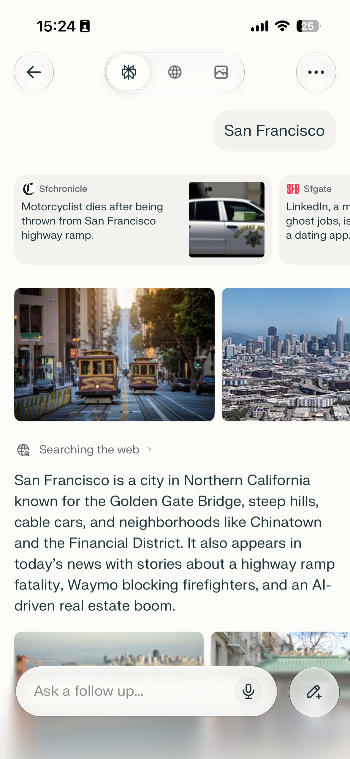 Mobile screen showing a San Francisco topic page with a back button, category icons, news cards, city images, a generated summary paragraph, and a follow-up prompt field at the bottom.
