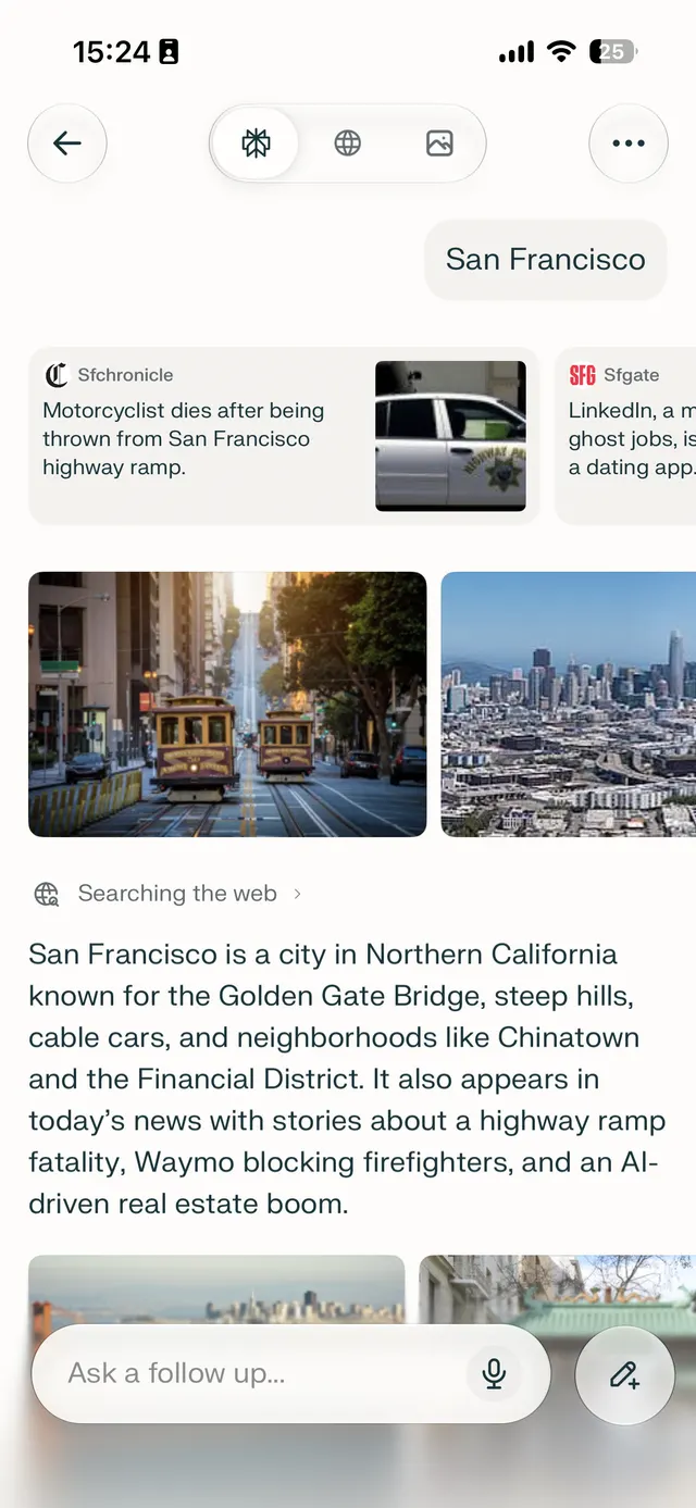 Mobile screen showing a San Francisco topic page with a back button, category icons, news cards, city images, a generated summary paragraph, and a follow-up prompt field at the bottom.