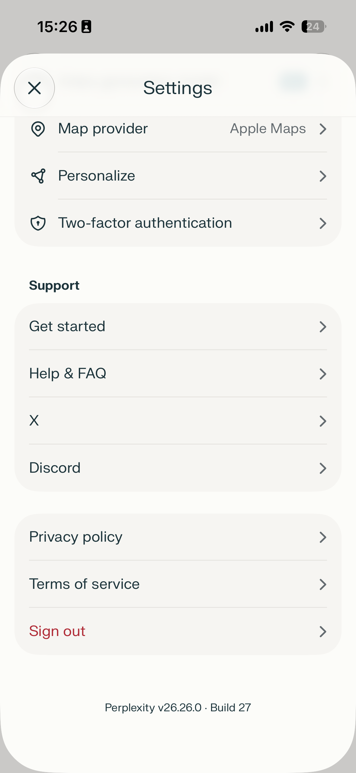 Mobile app settings screen with grouped list items for map provider, personalization, two-factor authentication, support links, privacy policy, terms of service, and sign out.