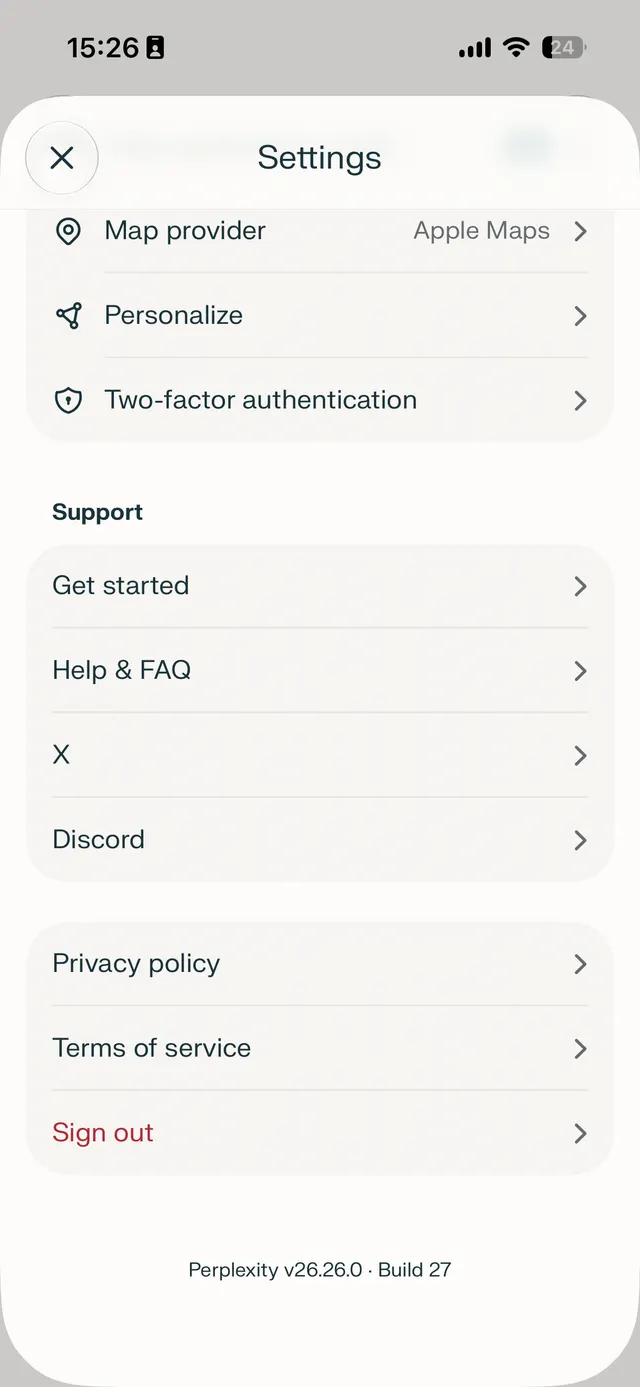 Mobile app settings screen with grouped list items for map provider, personalization, two-factor authentication, support links, privacy policy, terms of service, and sign out.