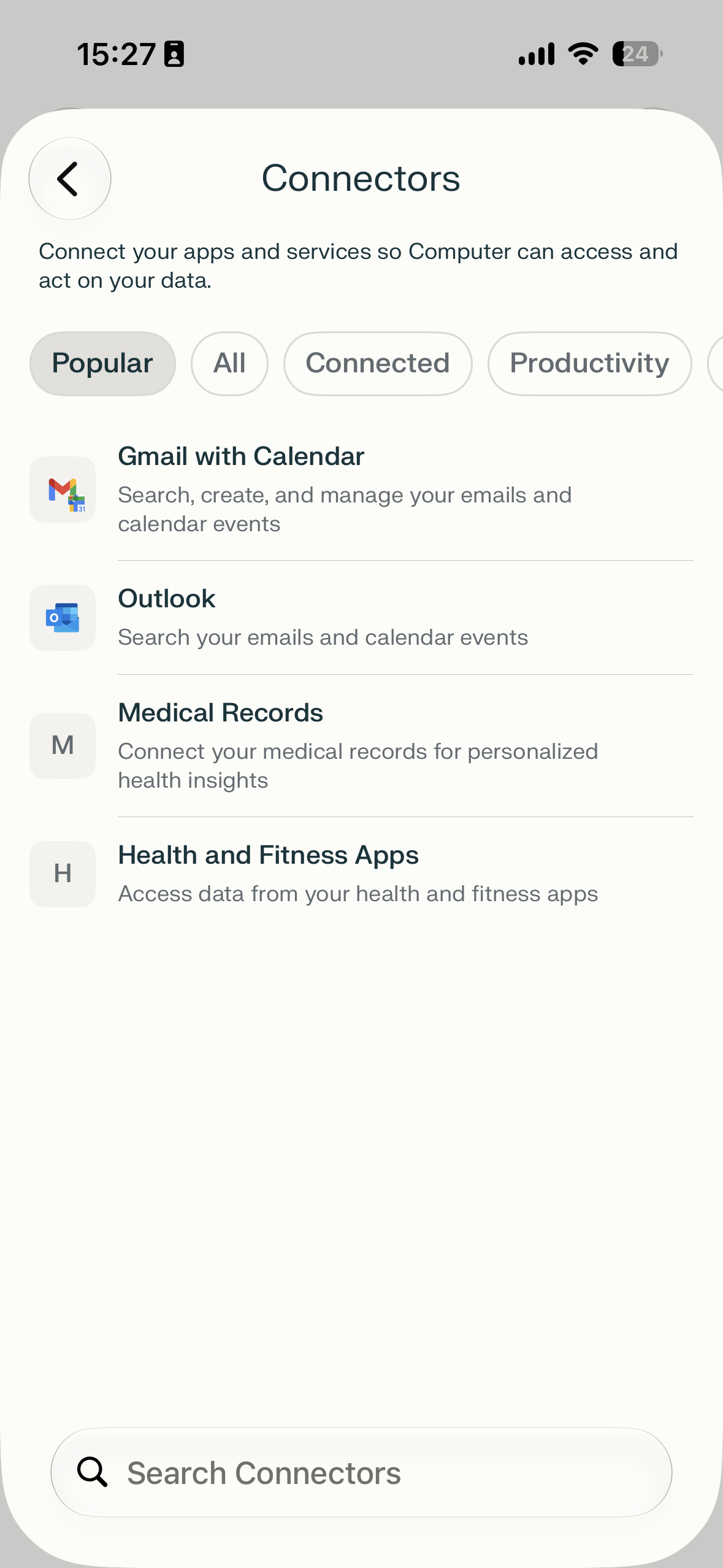 Mobile screen titled Connectors with category filter chips, a list of connector integrations like Gmail with Calendar and Outlook, and a search bar at the bottom.