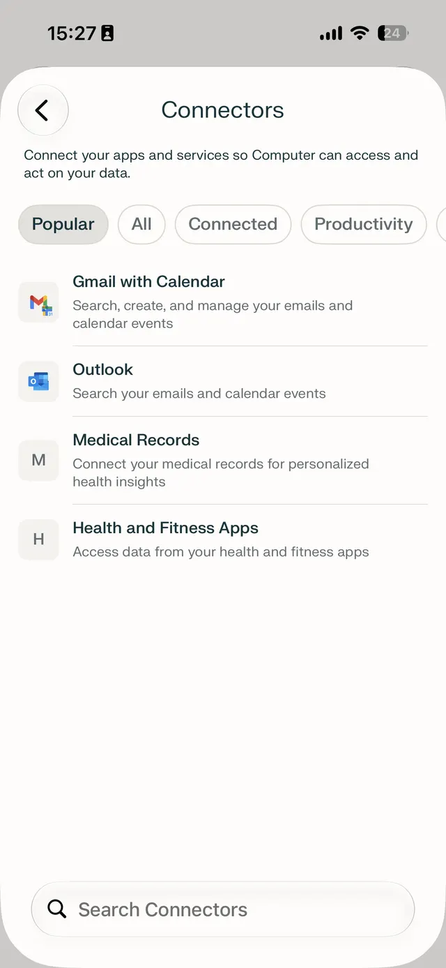 Mobile screen titled Connectors with category filter chips, a list of connector integrations like Gmail with Calendar and Outlook, and a search bar at the bottom.