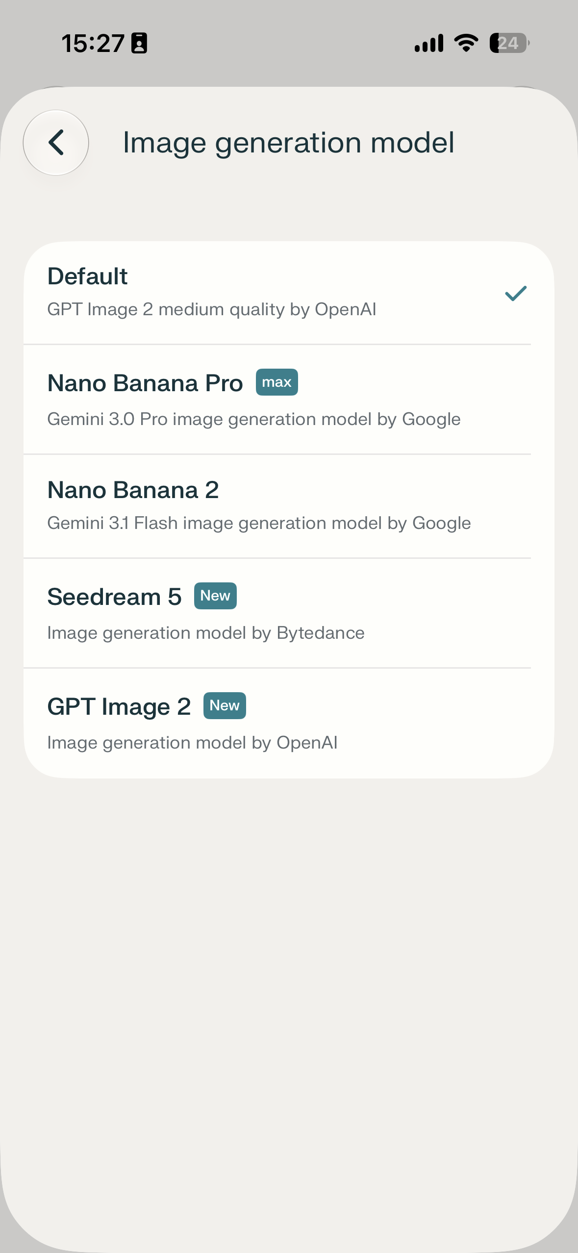 Mobile settings-style list for choosing an image generation model, with a back button, title, and several selectable model options; the Default option is currently selected.