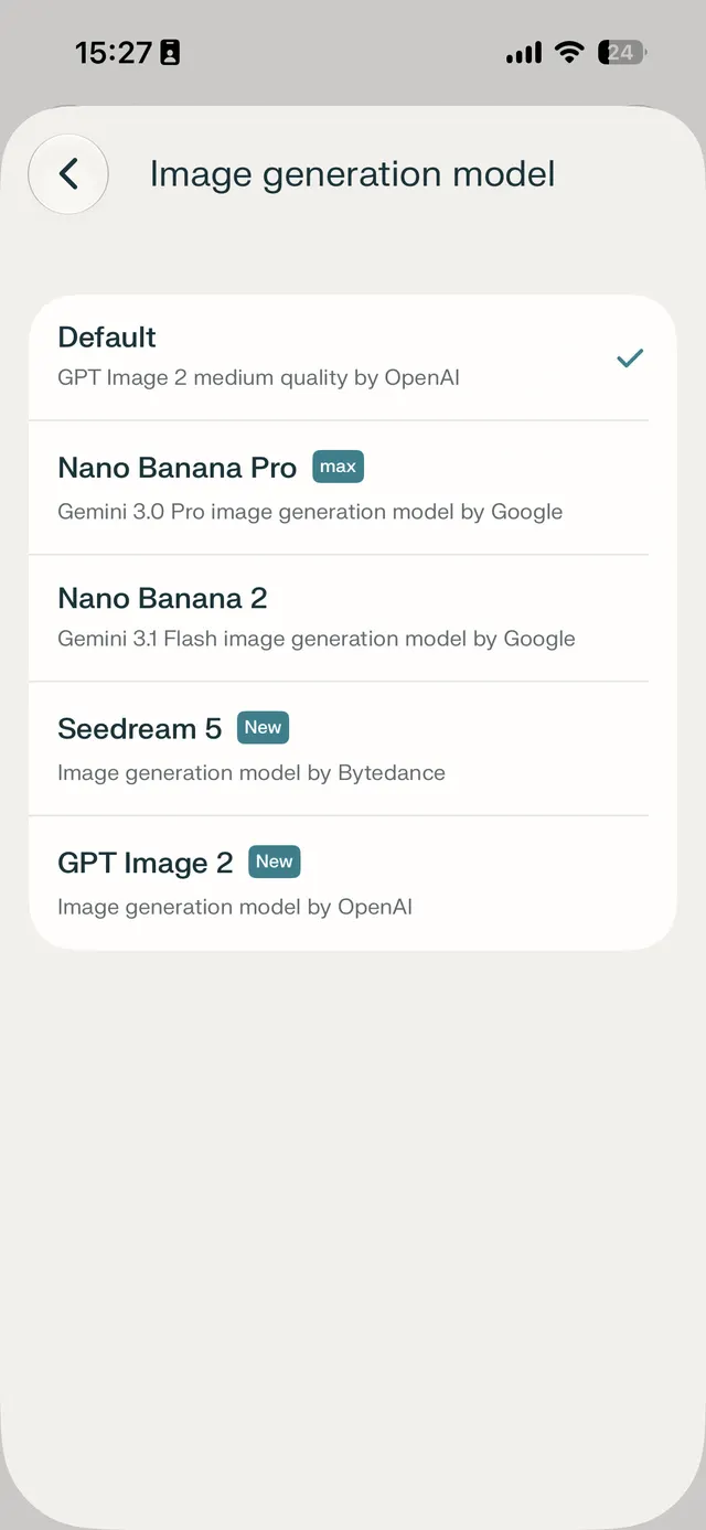 Mobile settings-style list for choosing an image generation model, with a back button, title, and several selectable model options; the Default option is currently selected.